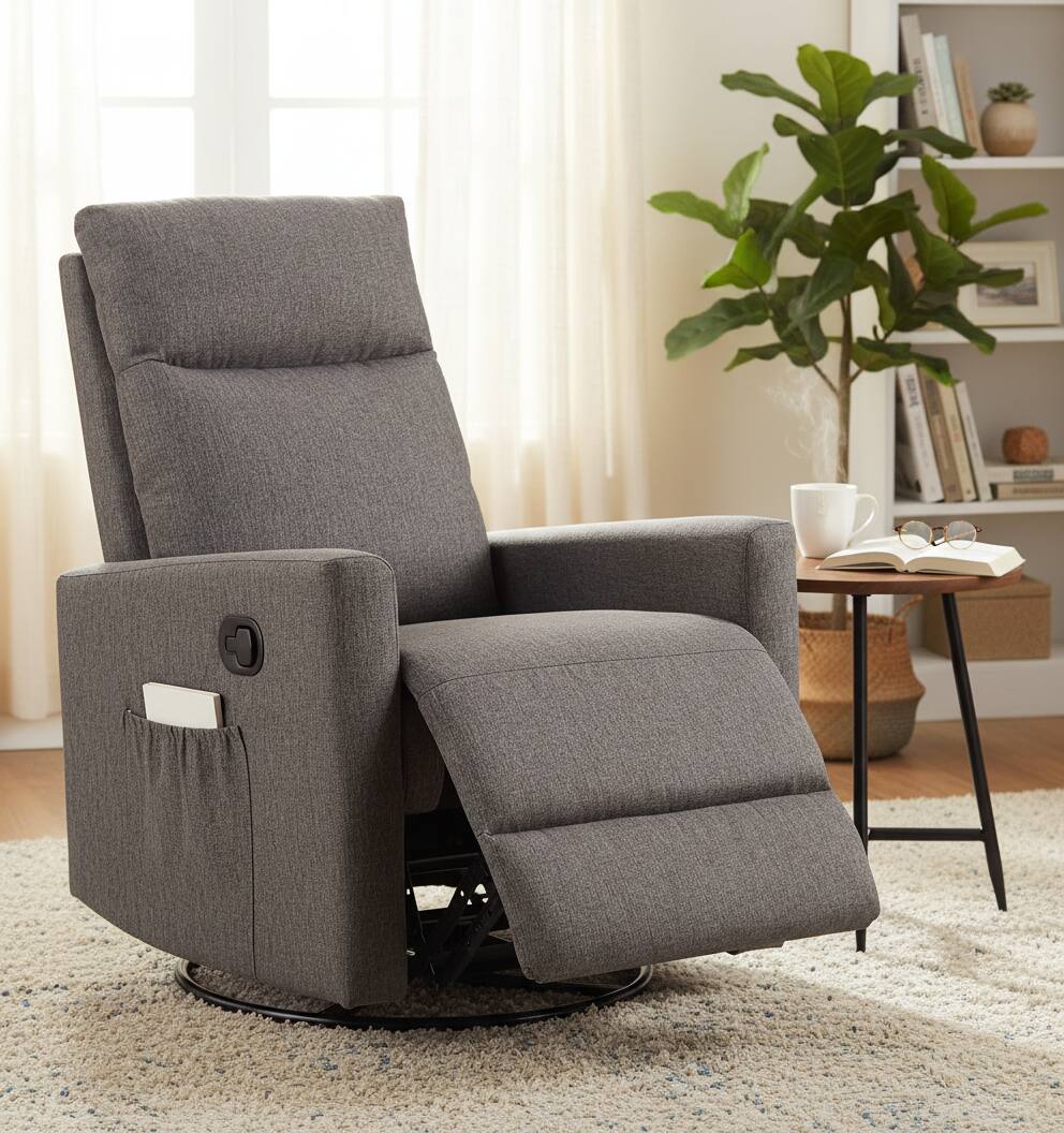 Alt View 4. AOITUN - Gray Fabric 360 Swivel Rocker Recliner Chair, Plush Upholstered Glider with Side Pocket for Nursery & Living Room - Gray.