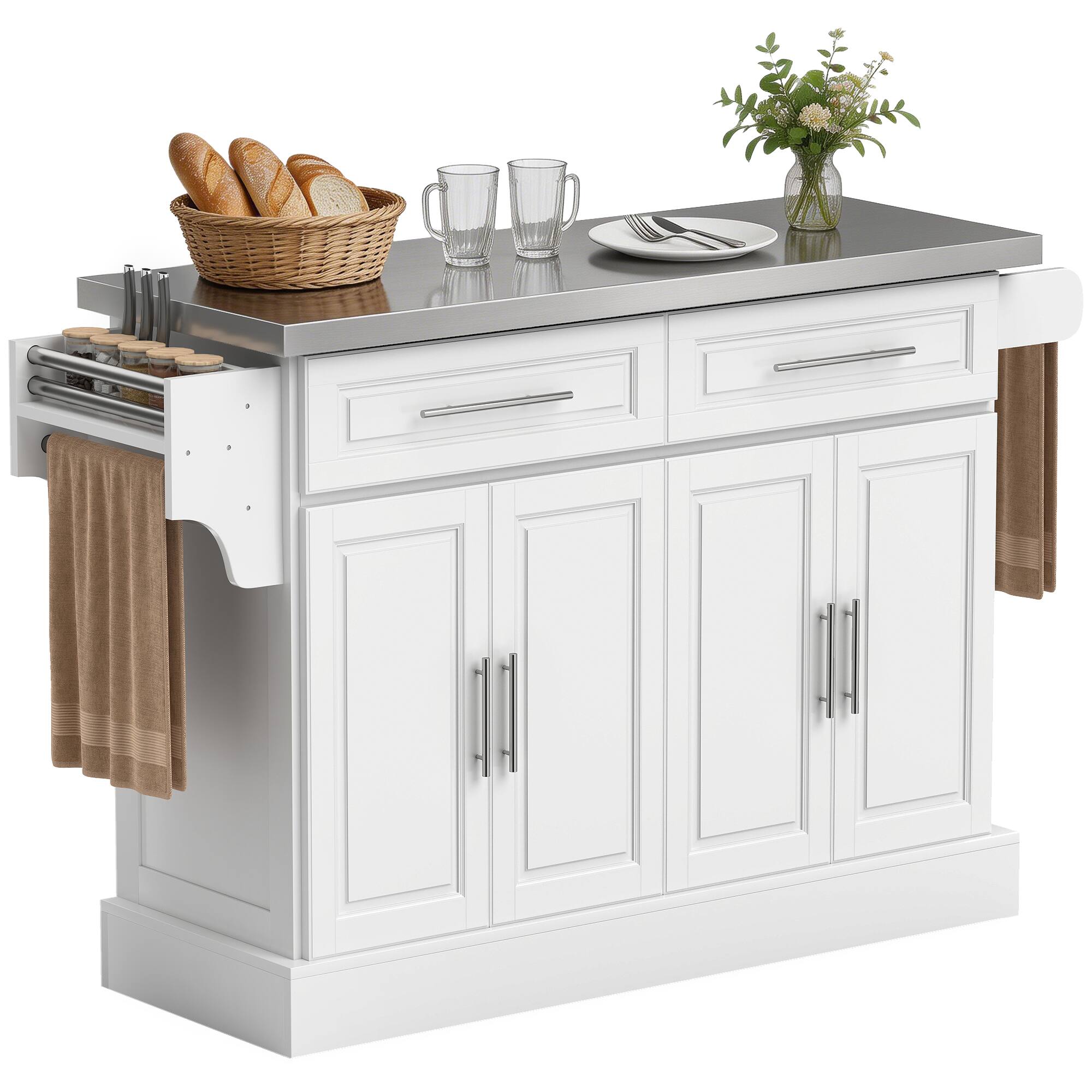 Front. Homcom - Rolling Kitchen Island Cart with Cabinets and Drawers - White.