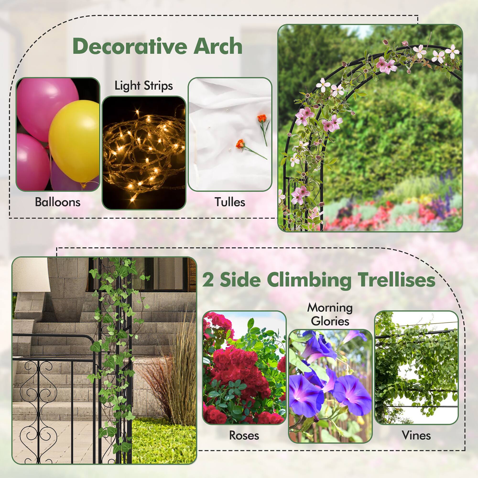 Decorative Arch  
- Balloons  
- Light Strips  
- Tulle  

2 Side Climbing Trellises  
- Roses  
- Morning Glories  
- Vines