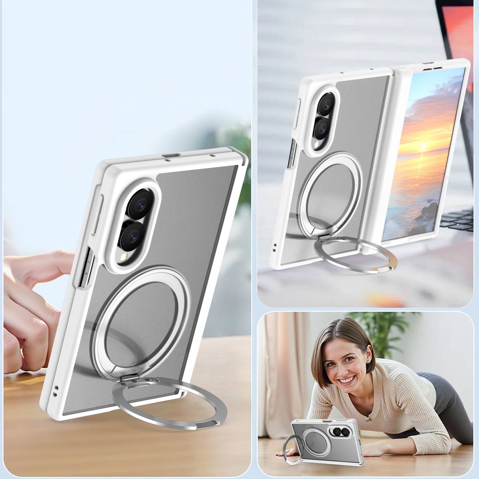 Alt View 1. Dteck - Shockproof Case for Samsung Galaxy Z Fold8 with Ring Stand, Magnetic PC Cover Built in Screen Film and Hinge Protection - White.