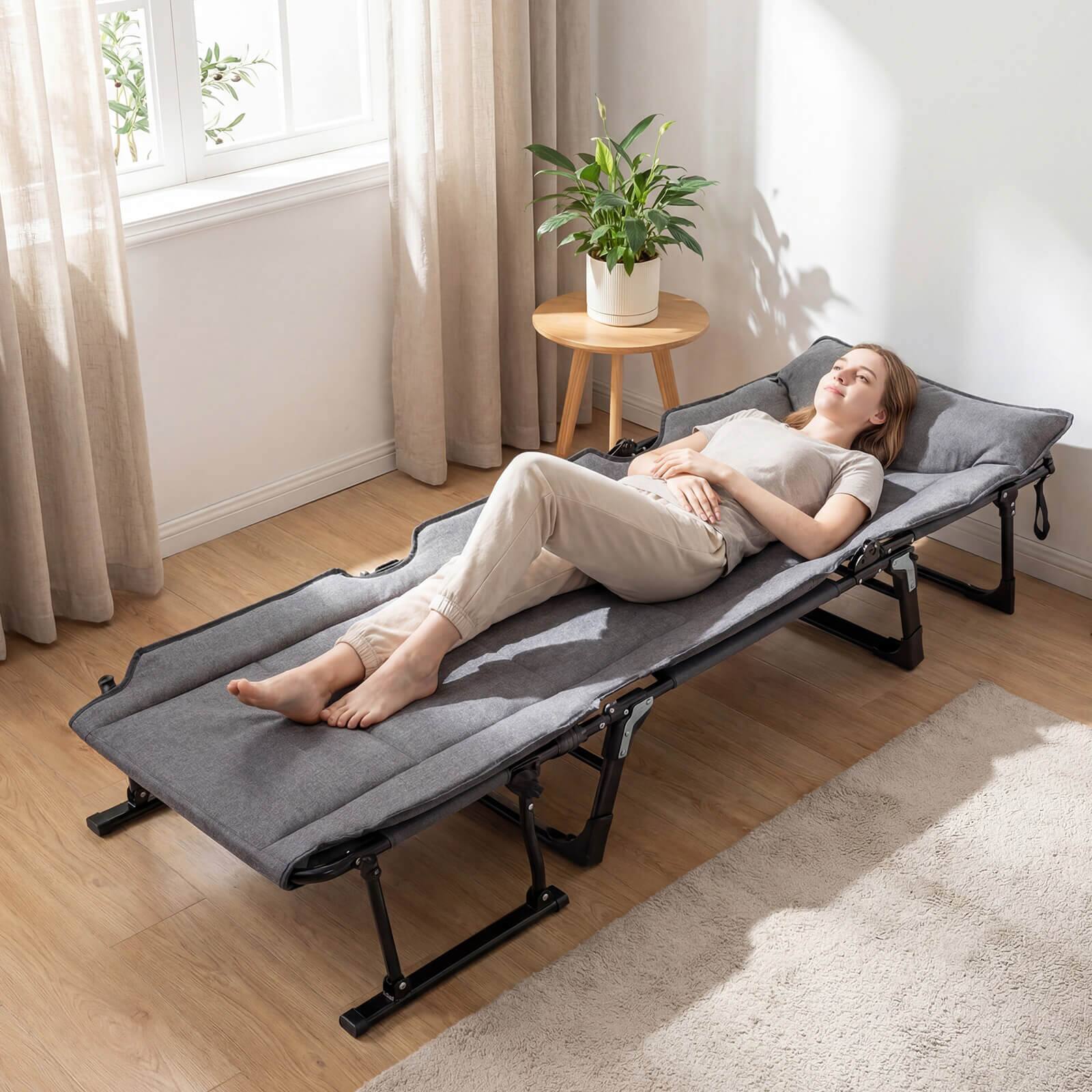 Alt View 5. Costway - Costway Folding Camping Cot with Mattress 6 Backrest Positions Head Pillow Foldable Armrest - Gray + Black.