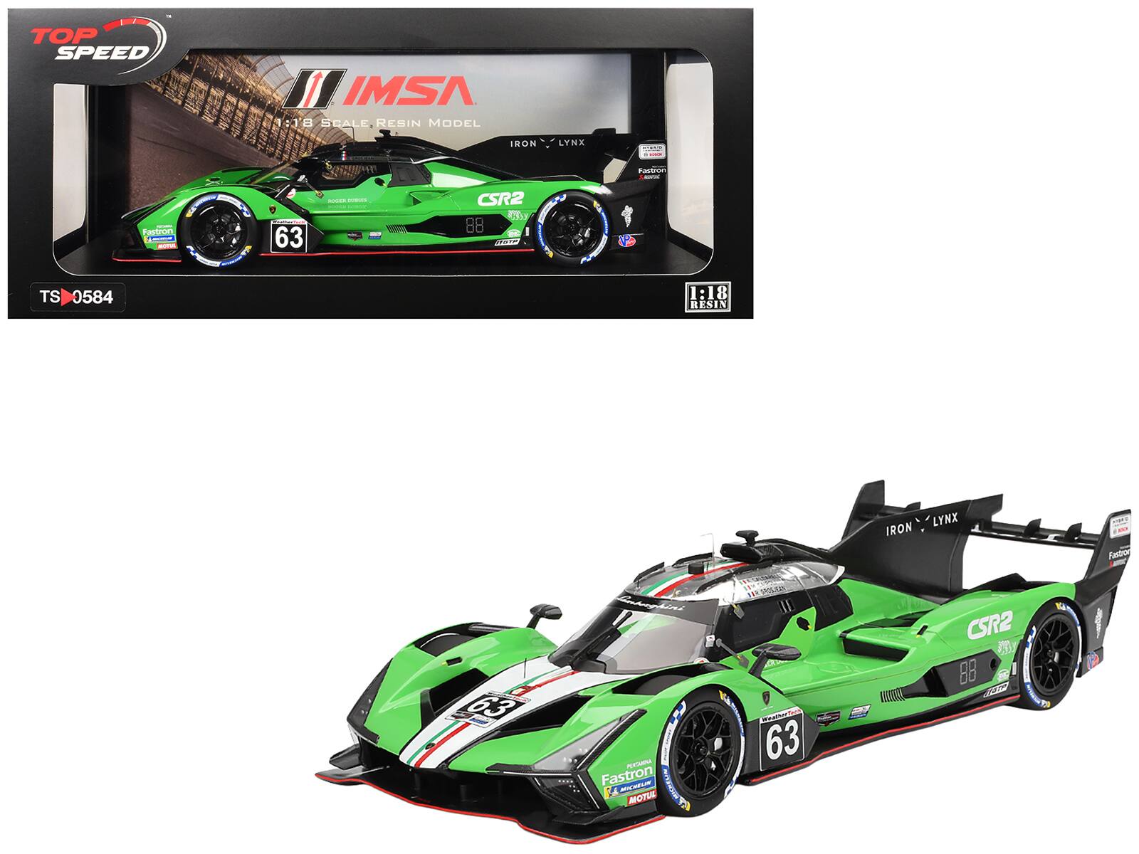 TOP SPEED IMSA  
1:18 SCALE, RESIN MODEL  
IRON LYNX  
CSR2  
63  
TS 0584  

IMSA  
1:18 RESIN  

Fasttron  
MOTUL  
WeatherTech  
HOT