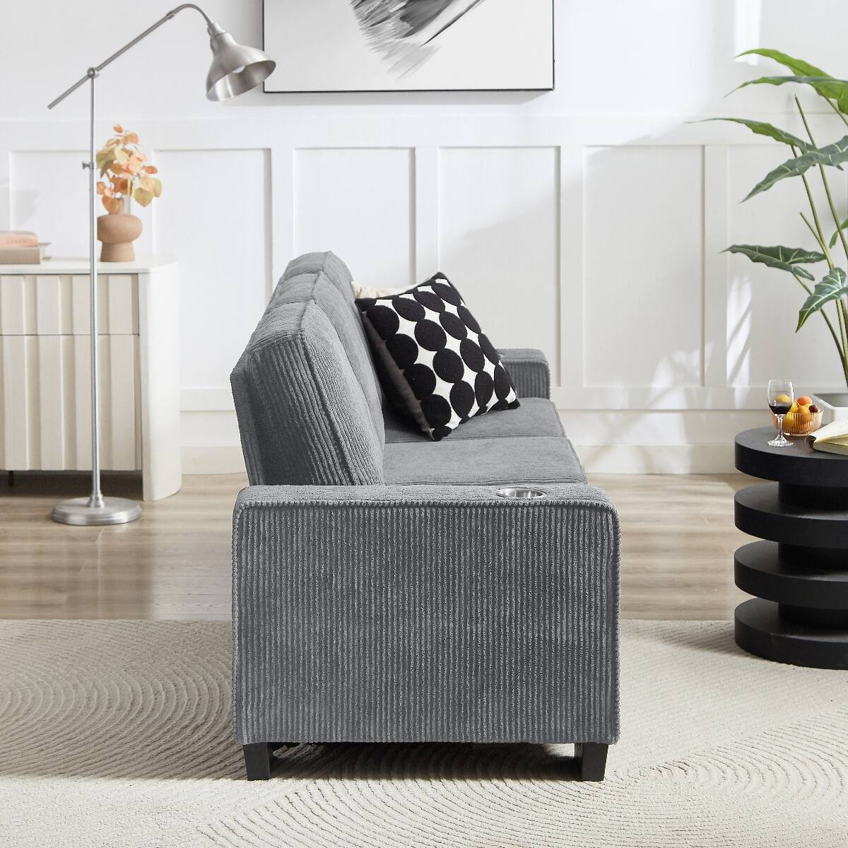 Back. Ropilly - Ropilly 3 Seater Corduroy Sofa Gray Living Room Couch with Armrest Cup Holders for Bedroom Office - Gray.