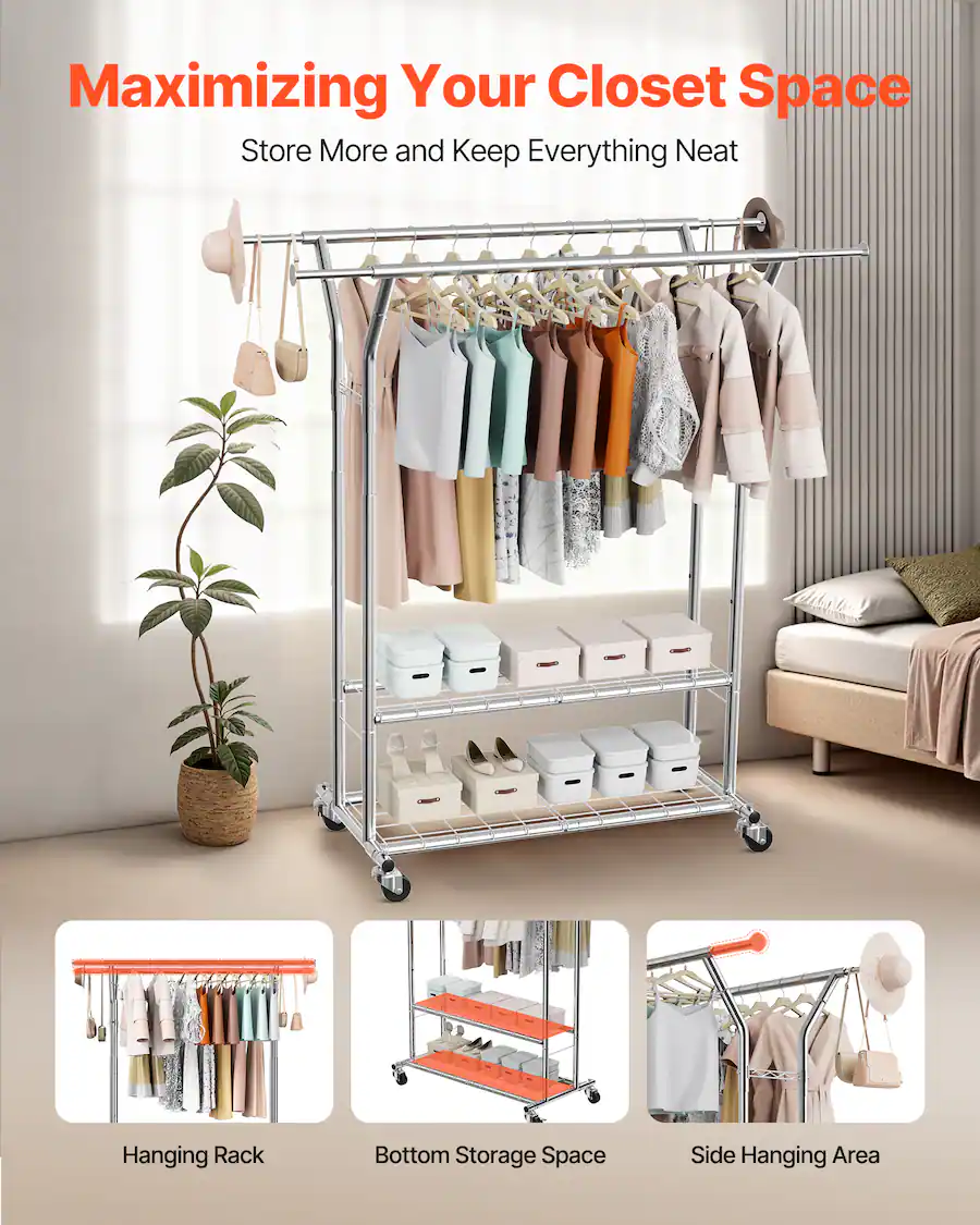 Coming Rod Racks VEVOR Clothes Rack, Rolling Clothing Garment Rack with 2 Hanging Rods ...