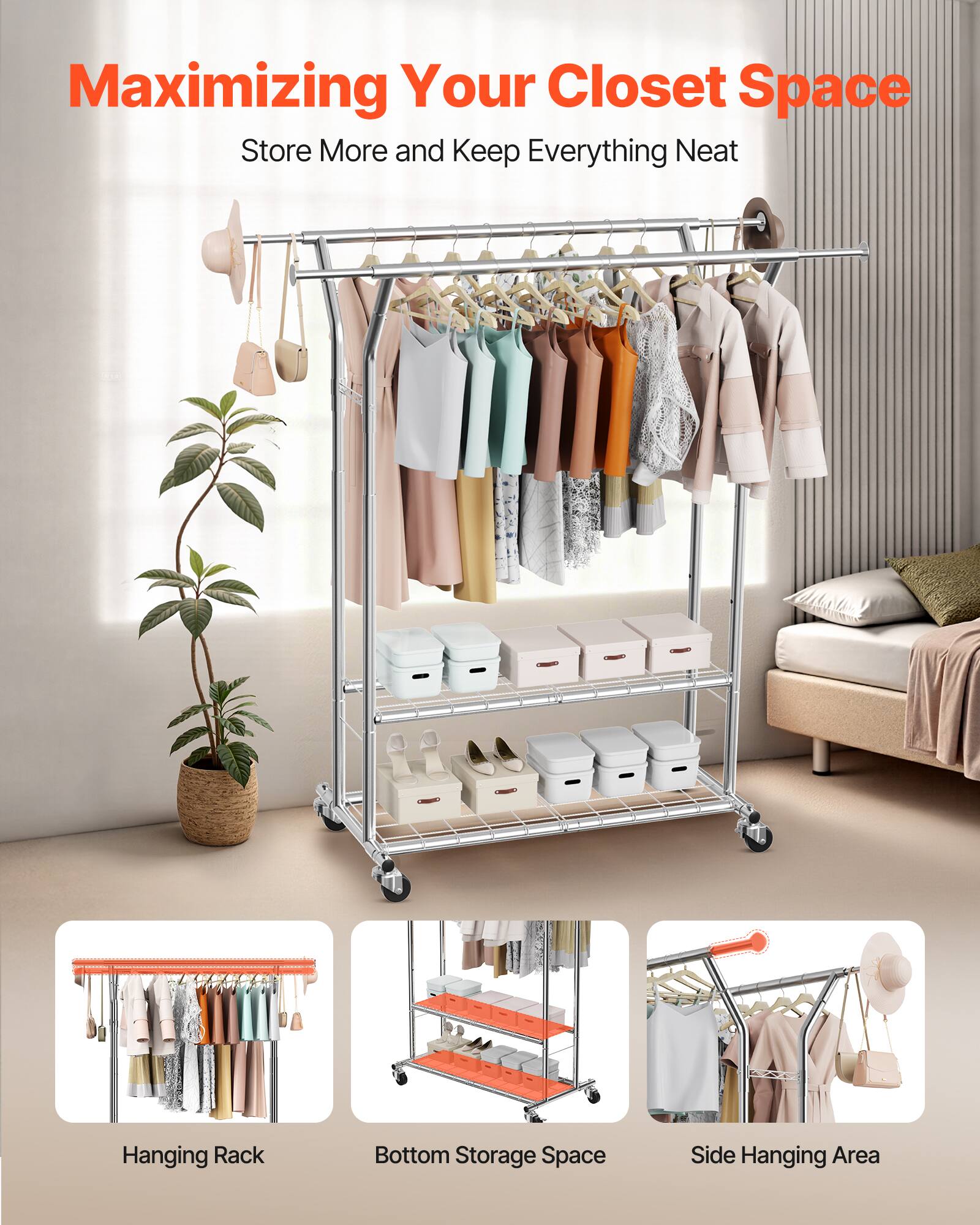 Maximizing Your Closet Space  
Store More and Keep Everything Neat  

- Hanging Rack  
- Bottom Storage Space  
- Side Hanging Area