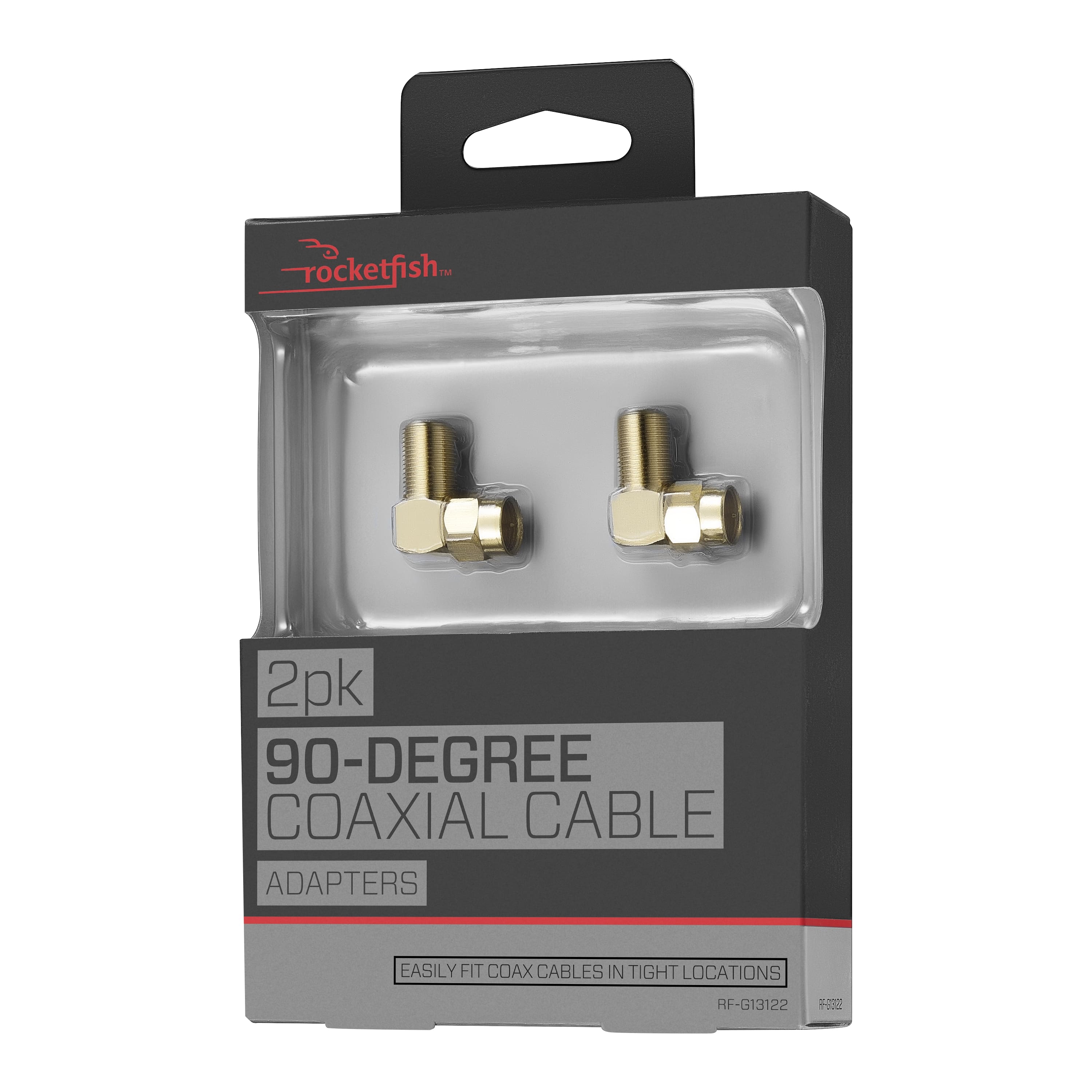 rocketfish. i 2pk 90-DEGREE COAXIAL CABLE ADAPTERS EASILY FIT COAX CABLES IN TIGHT LOCATIONS RF-G13122