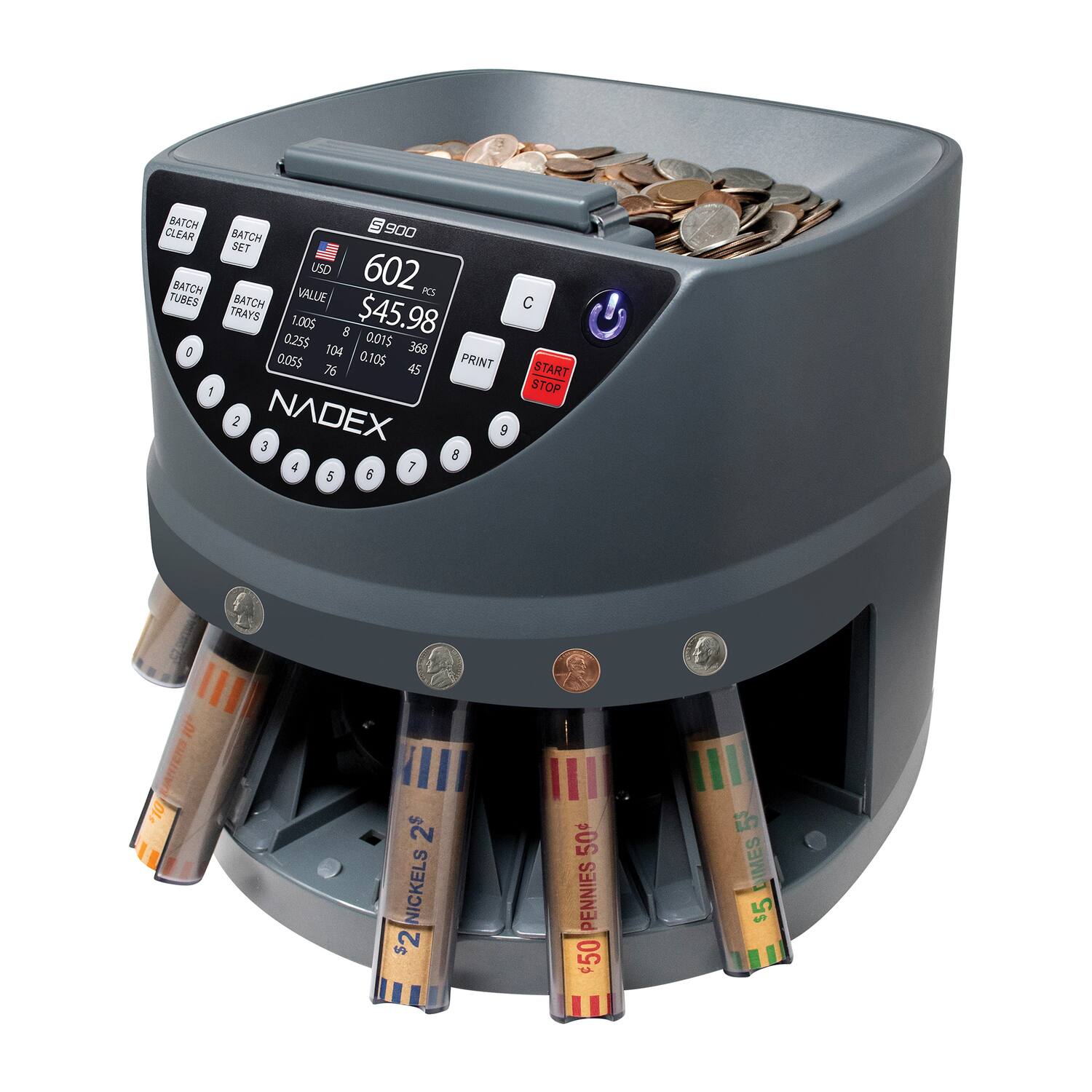 BATCH CLEAR BATCH TUBES S I BATCH 900 SET USD 602 VALUE PCS BATCH TRAYS 1.005 $45.98 8 0.255 0.015 368 104 0.105 0.055 45 PRINT 76 2 NADEX 9 3 8 4 1 5 6 C START STOP  MLs 2$ NICKELS $2 50c PENNIES $50 LA 55 DIMES $5
