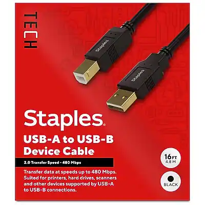 **TECH Staples**
**USB-A to USB-B Device Cable**
- **2.0 Transfer Speed - 480 Mbps**
- **16FT (4.8M)**
- **Transfer data at speeds up to 480 Mbps.**
- **Suited for printers, hard drives, scanners, and other devices supported by USB-A to USB-B connections.**
- **BLACK**