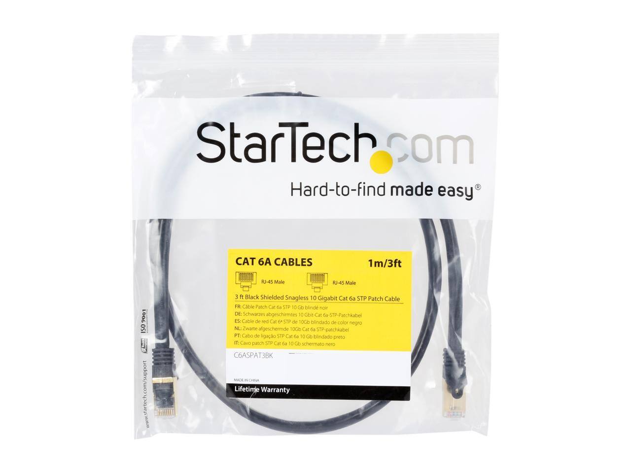 StarTech.com  
Hard-to-find made easy  

CAT 6A CABLES  
1m/3ft  
RJ-45 Male to RJ-45 Male  

3 ft Black Shielded Snagless 10 Gigabit Cat 6a STP Patch Cable  

FR: Cable Patch Cat 6a 10 Gb blindé noir  
DE: Schwarzes abgeschirmtes 10 Gb Cat 6a-STP-Patchkabel  
ES: Cable de red Cat 6a de 10Gb blindado de color negro  
NL: Zwarte afgeschermde TOGib Cat 6a-STP-patchkabel  
PT: Cabo de ligação STP Cat 6a de 10Gb blindado preto  
IT: Cavo patch STP Cat 6a 10 Gb schermato nero  

C6ASPAT3BK  

MADE IN CHINA  
Lifetime Warranty  

www.startech.com/support