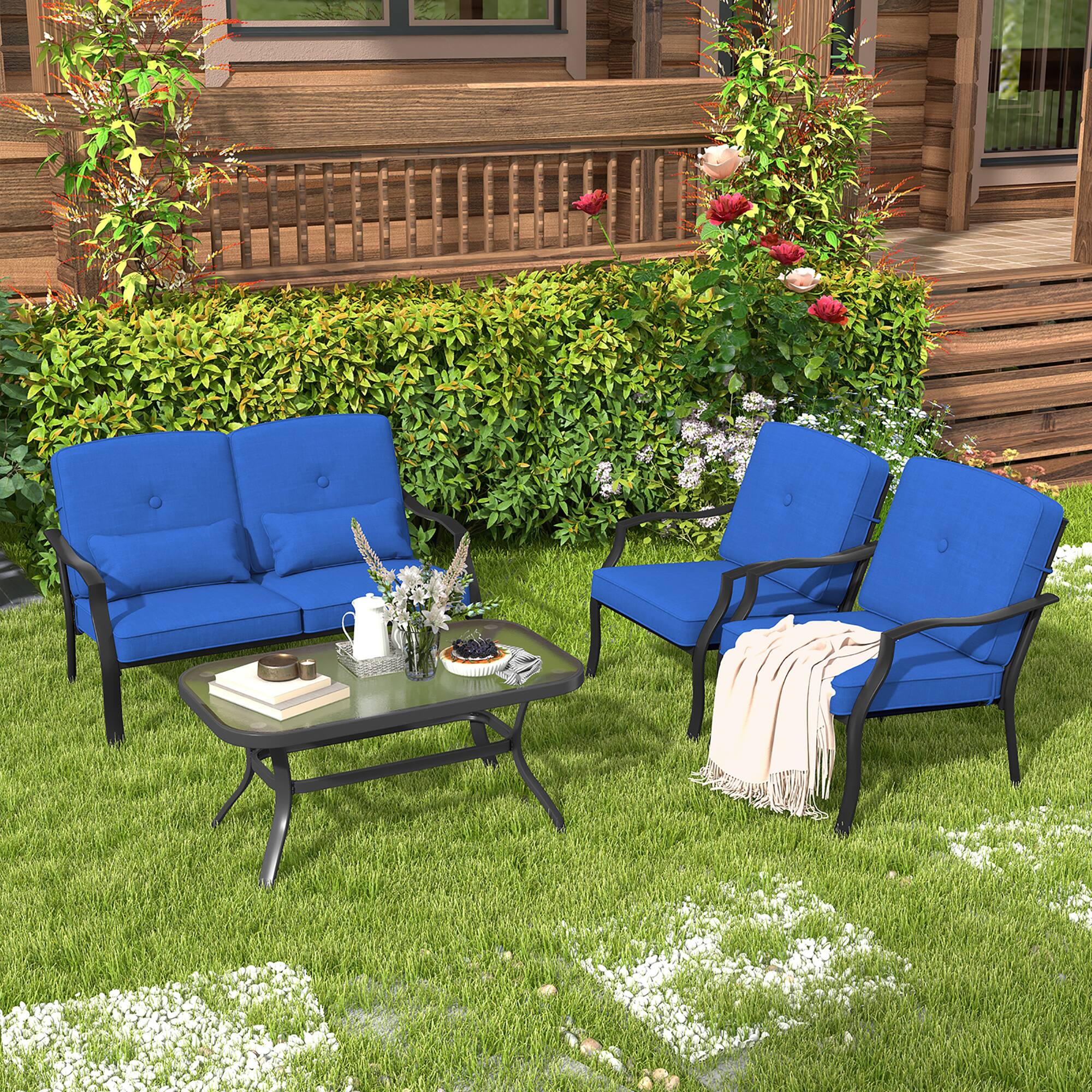Alt View 4. Gymax - Gymax 4 PCS Patio Metal Chairs Outdoor Dining Seat Heavy Duty w/ Cushions Garden Blue - Blue.