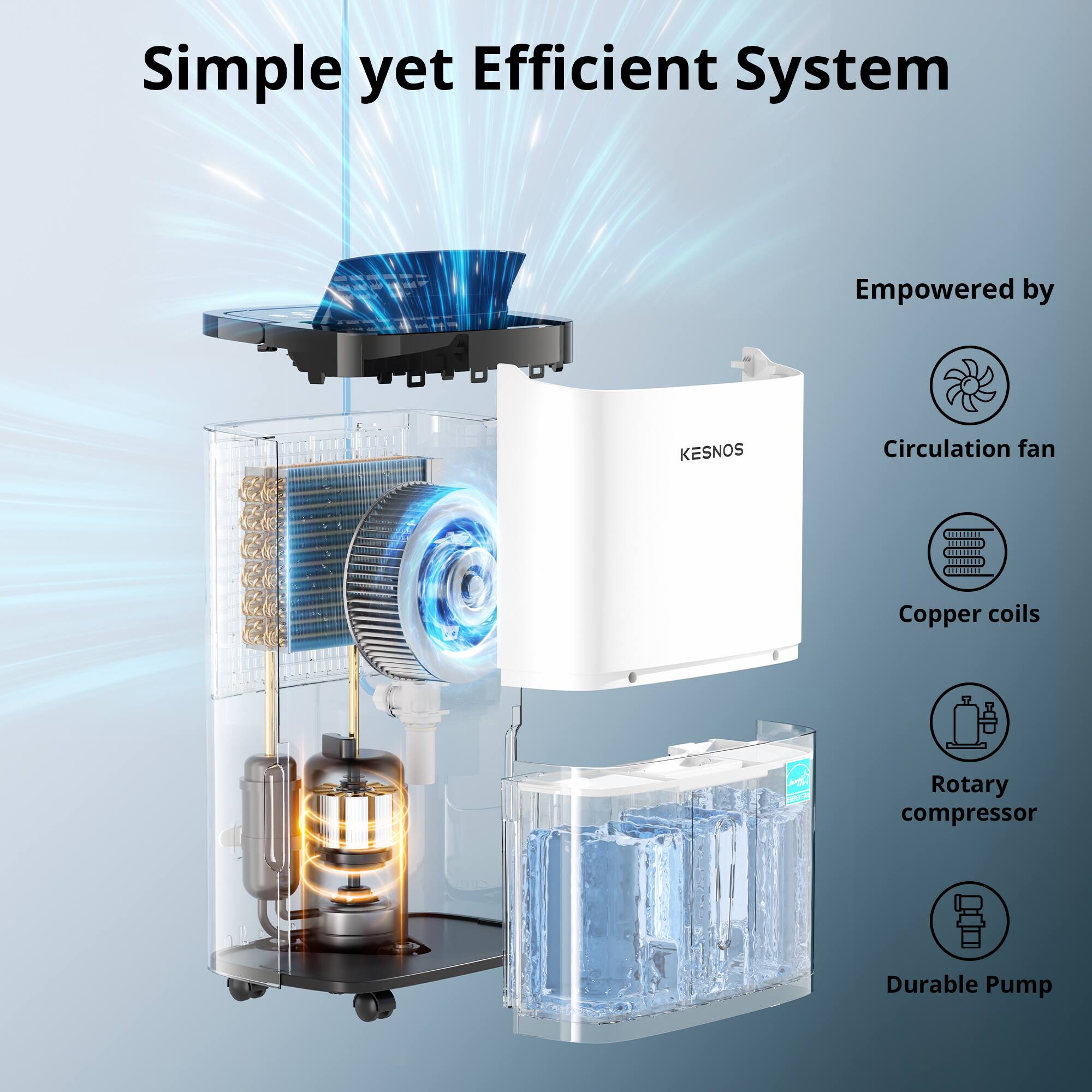 Simple yet Efficient System  
Empowered by  
- Circulation fan  
- Copper coils  
- Rotary compressor  
- Durable Pump