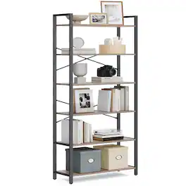Songmics Home - 6-Tier Tall Bookshelf, Large Bookcase with Steel Frame, Deep Book Shelf for Living Room, Home Office,Industrial Style - Greige and Black