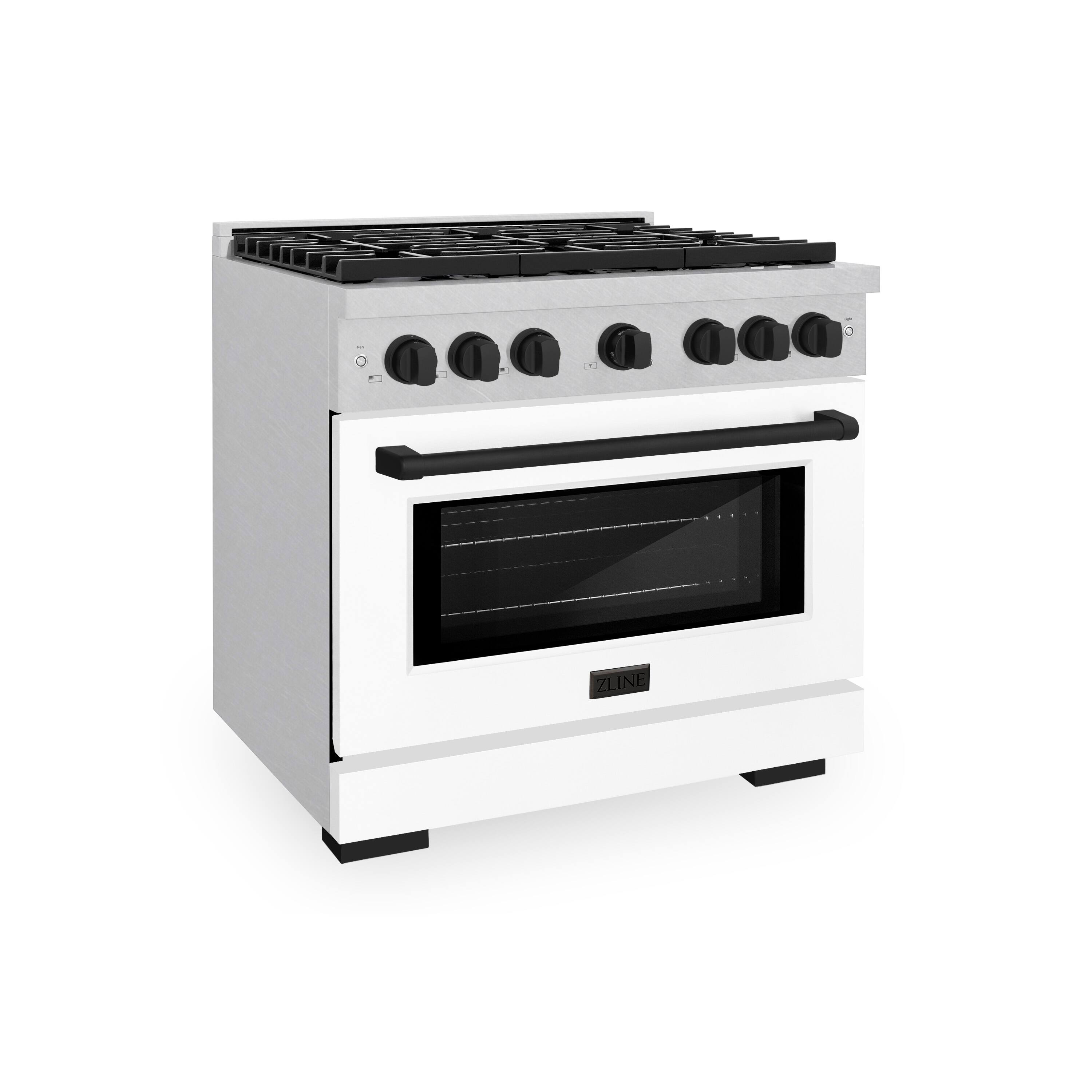 Left. ZLINE - ZLINE Autograph 36 in. Paramount Satin Steel Gas Range with Black Accents (SGRSZ-WM-36-MB) - White.