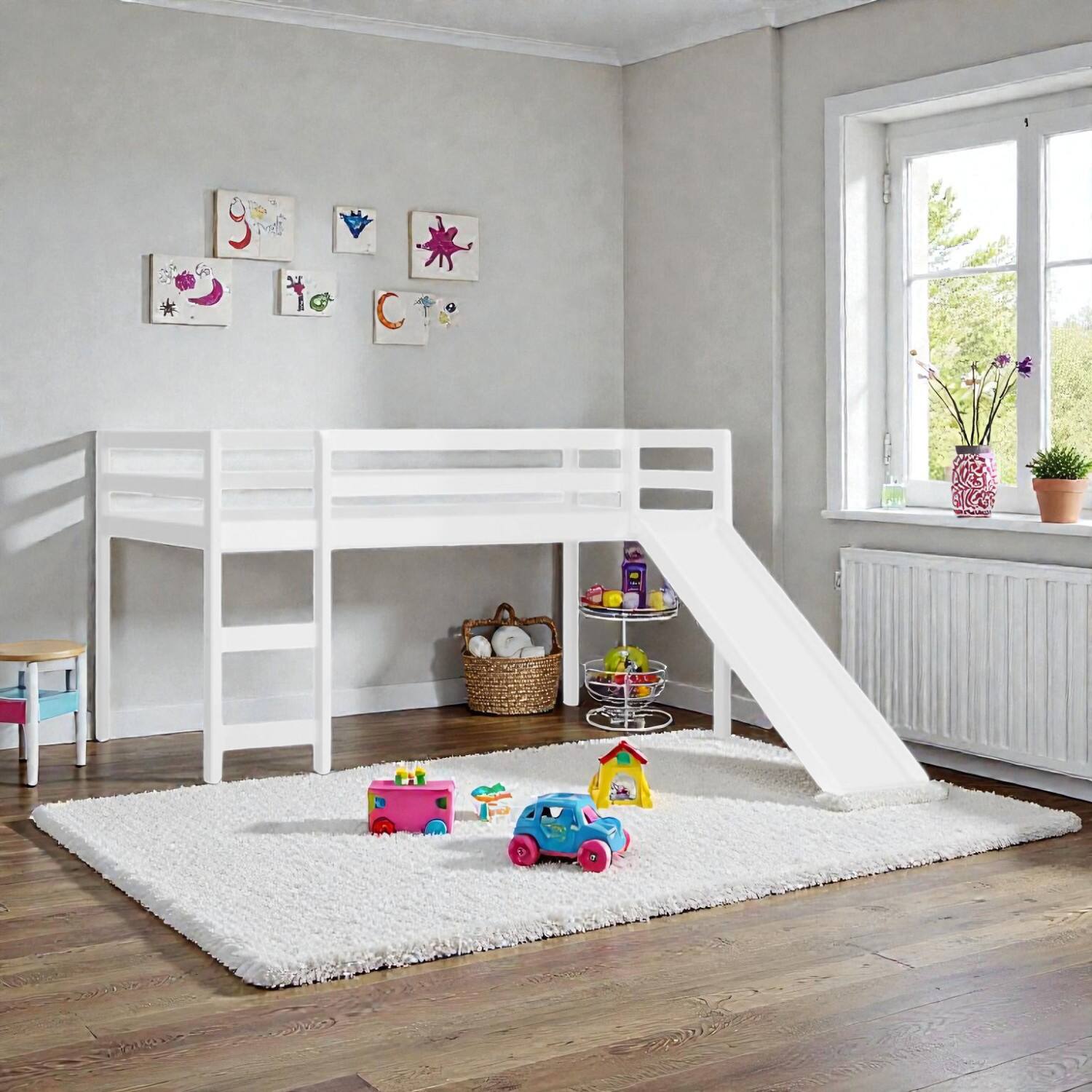 Hivvago - Compact Twin Loft Bed in Wood with Stable Design and Slide Feature - White