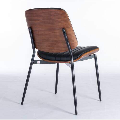 Left. LUCKY ONE - Assembled Mid Century Dining Chair Set of 2 Faux Leather with Walnut Bentwood Back Metal Legs - Black PU.