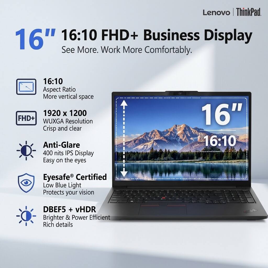Lenovo ThinkPad 16" 16:10 FHD+ Business Display  
See More. Work More Comfortably.

16:10 Aspect Ratio  
More vertical space

1920 x 1200 FHD+ WUXGA Resolution  
Crisp and clear

Anti-Glare  
400 nits IPS Display  
Easy on the eyes

Eyesafe® Certified  
Low Blue Light  
Protects your vision

DBEF5 + vHDR  
Brighter & Power Efficient  
Rich details