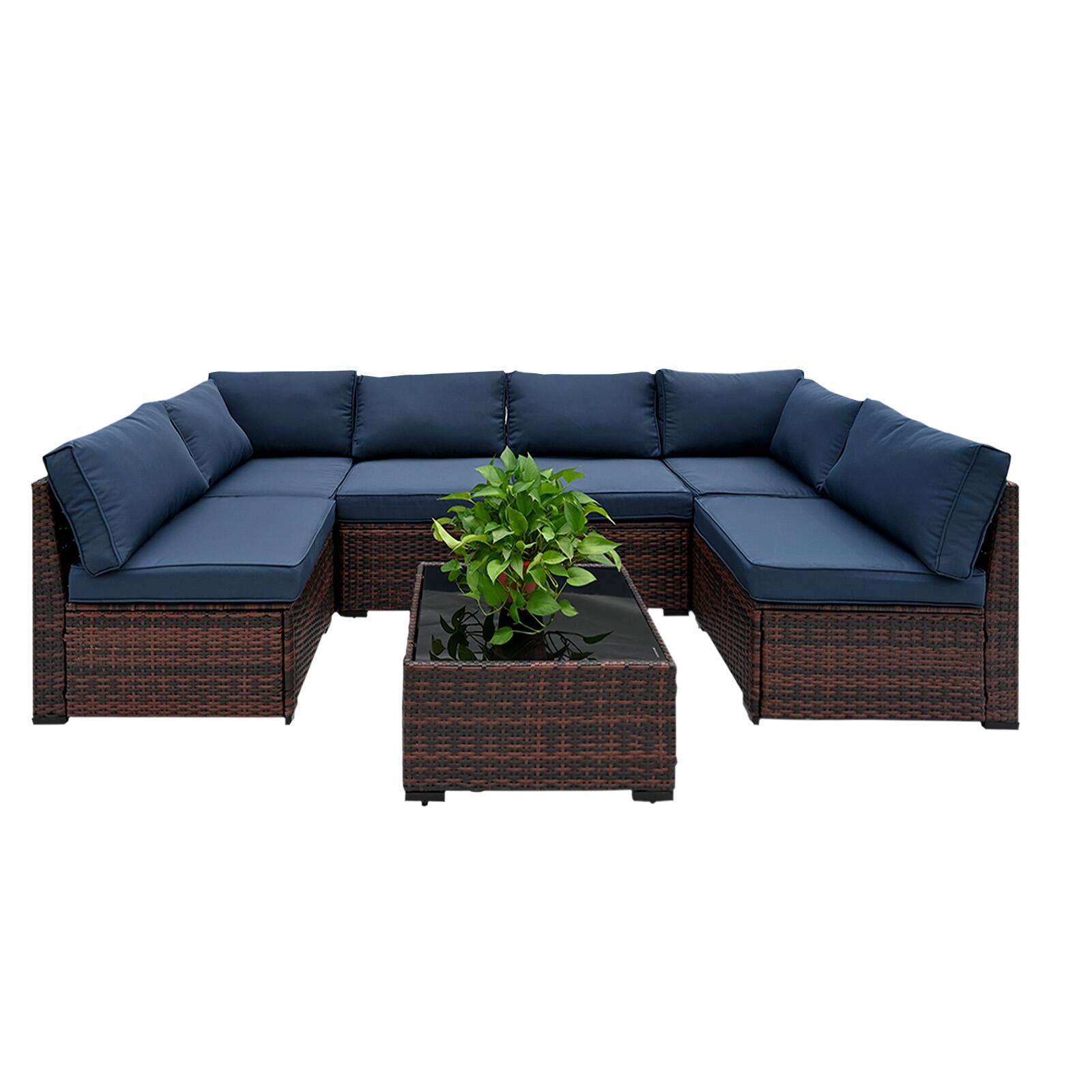 Front. Decksplore - 7-Piece  Wicker Outdoor Furniture Conversation Set with Thick Cushions and Coffee Table - Dark Blue.