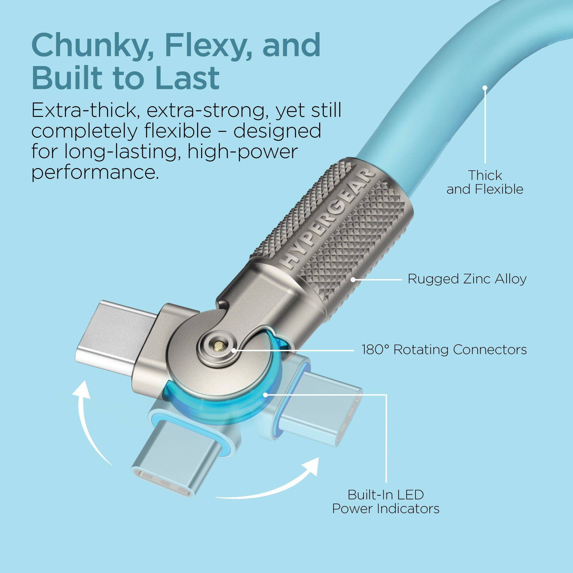 Chunky, Flexy, and Built to Last

Extra-thick, extra-strong, yet still completely flexible – designed for long-lasting, high-power performance.

- Thick and Flexible
- Rugged Zinc Alloy
- 180° Rotating Connectors
- Built-In LED Power Indicators