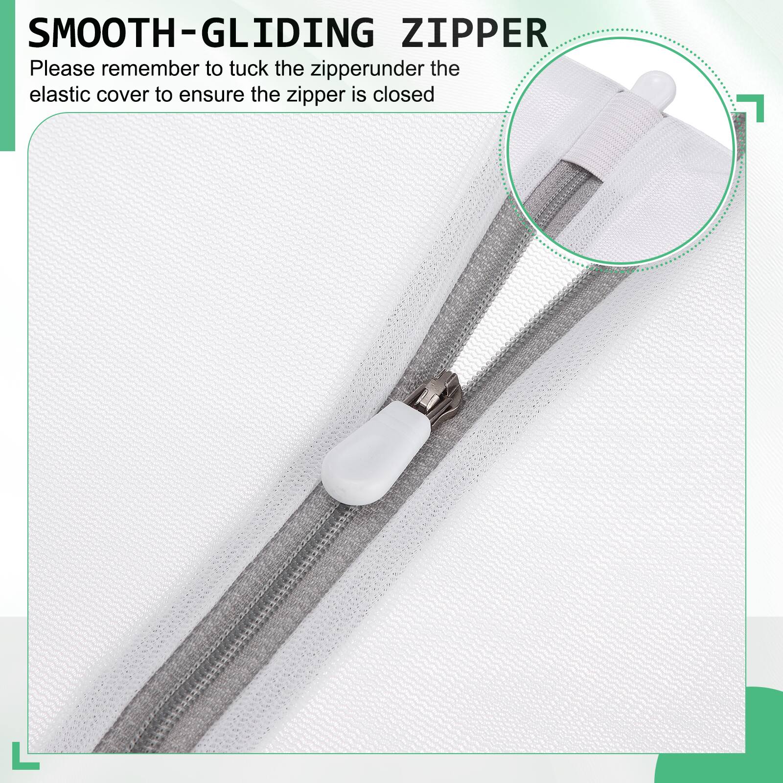 SMOOTH-GLIDING ZIPPER

Please remember to tuck the zipper under the elastic cover to ensure the zipper is closed
