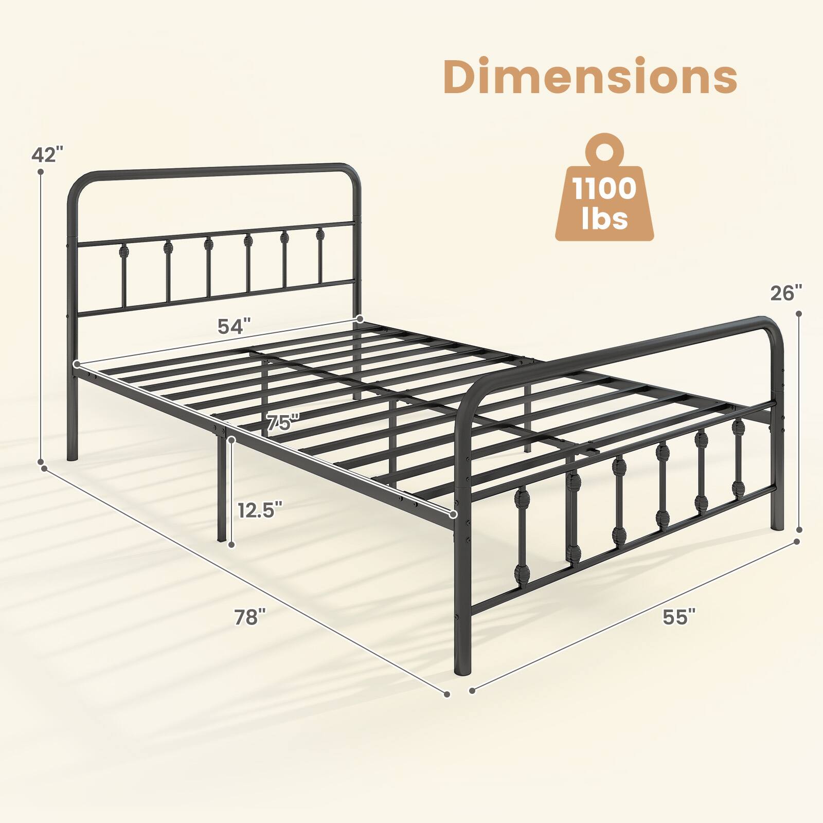 Dimensions: 42" x 54" x 75" x 12.5" x 78" x 55"  
Weight Capacity: 1100 lbs