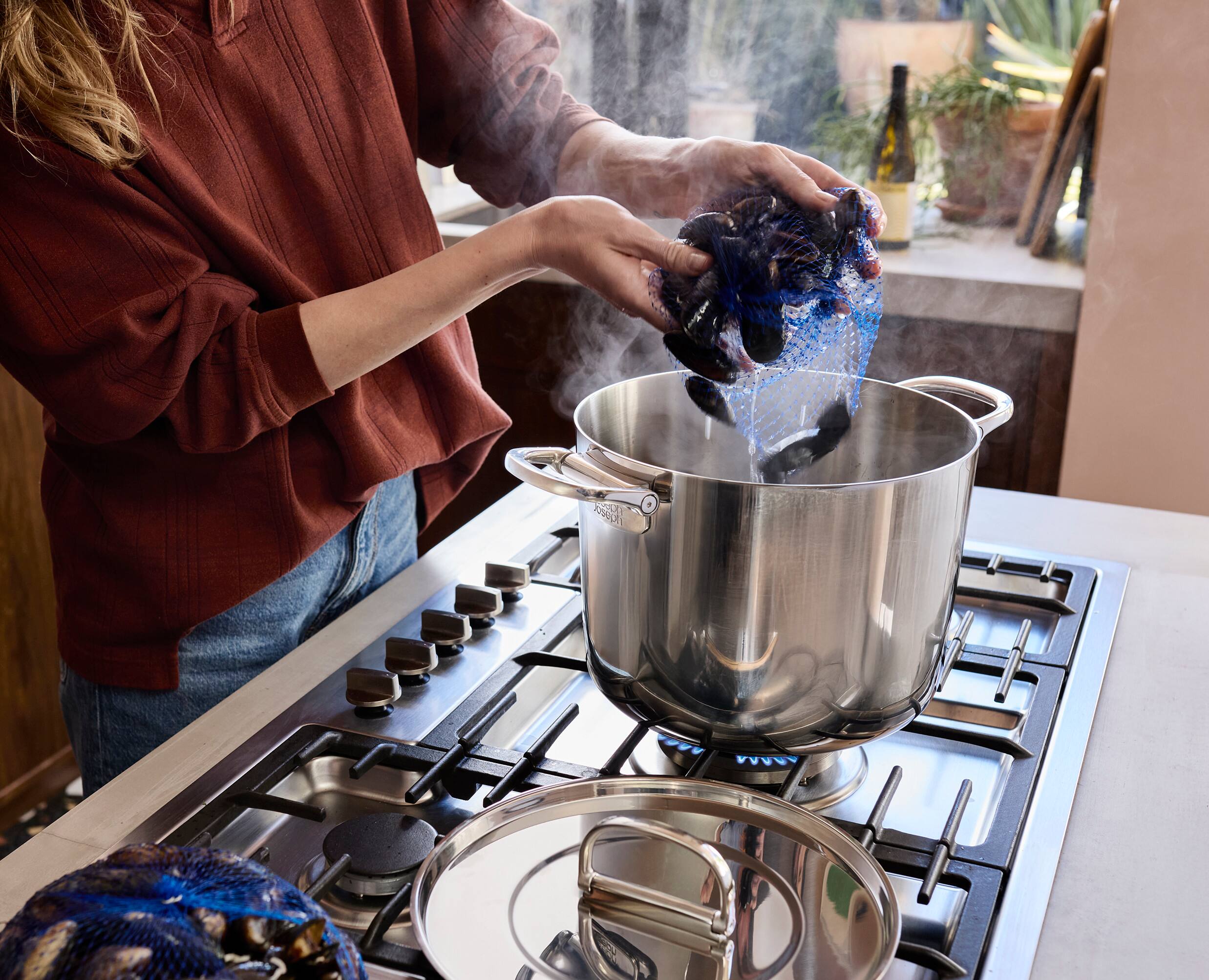 Alt View 3. Joseph Joseph - Space Steel 10-piece Stainless Steel Cookware Set with Folding Handles - Stainless Steel.