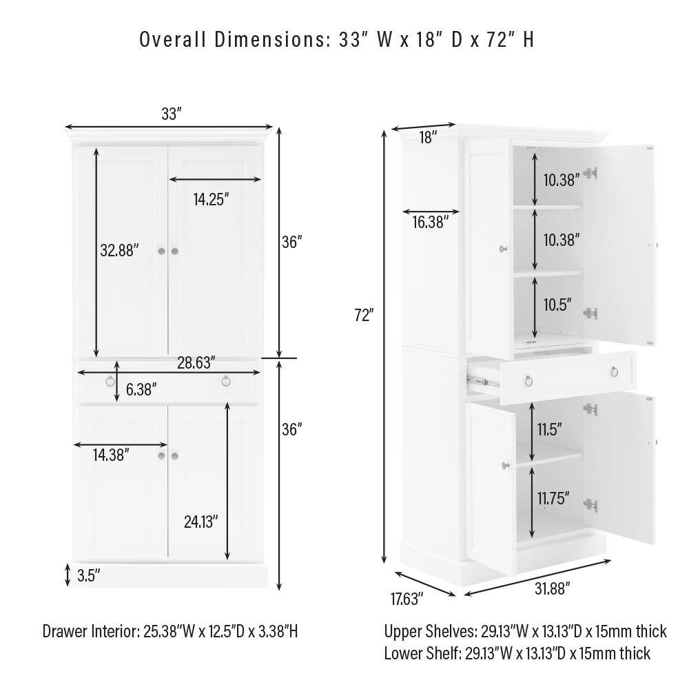 Overall Dimensions: 33" W x 18" D x 72" H

Drawer Interior: 25.38" W x 12.5" D x 3.38" H

Upper Shelves: 29.13" W x 13.13" D x 15mm thick

Lower Shelf: 29.13" W x 13.13" D x 15mm thick