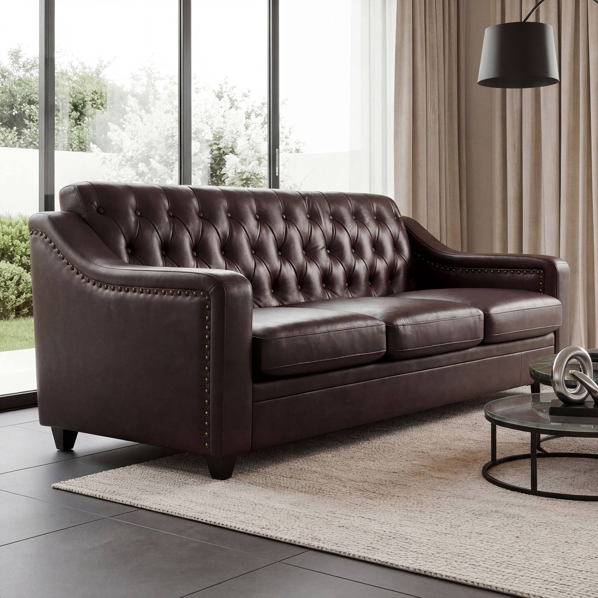 Alt View 3. Dyonery - Dyonery 78.7" Three Seater Sofa, Chesterfield Sofa, Mid-Century Modern PU Upholstered, Deep Button Tufted Sofa,Brown - Brown.