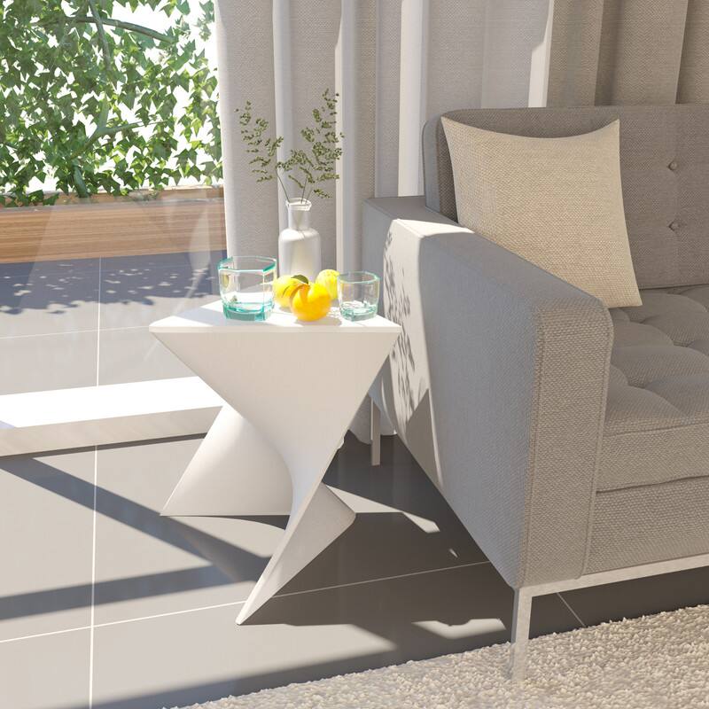 Angle. LeisureMod - Randolph 15.75" Stackable Side Table, Weather-Resistant Triangular Plastic Accent End Table for Living Room or Backyard - White.