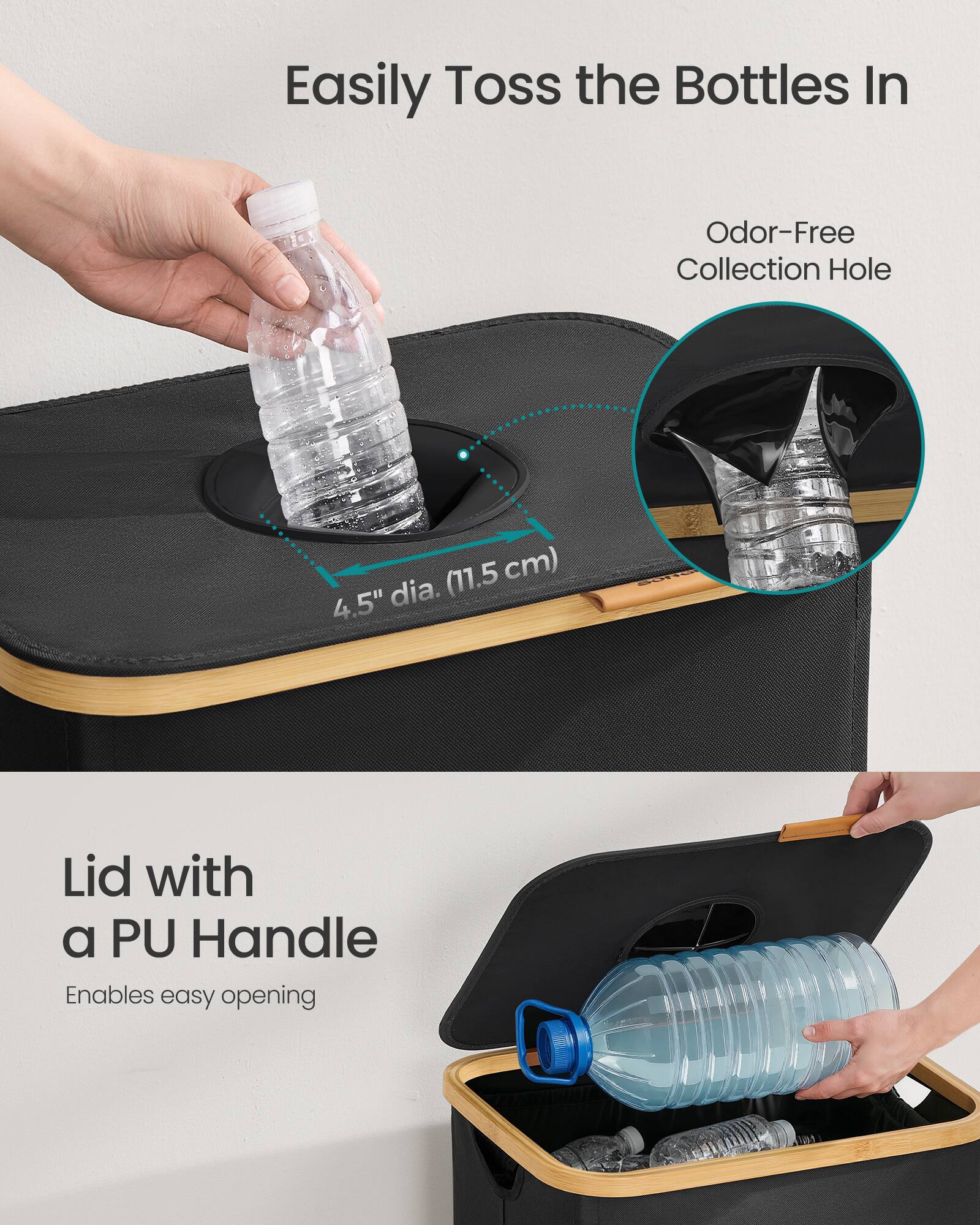 Easily Toss the Bottles In Odor-Free Collection Hole (11.5 cm) 4.5" dia. Lid with a PU Handle Enables easy opening