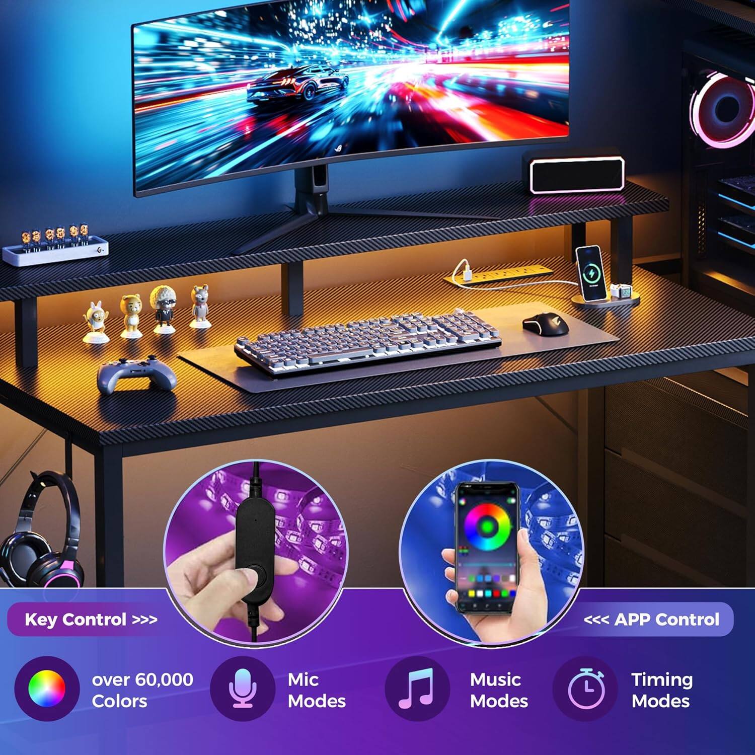 Key Control >>>  
APP Control  
over 60,000 Colors  
Mic Modes  
Music Modes  
Timing Modes