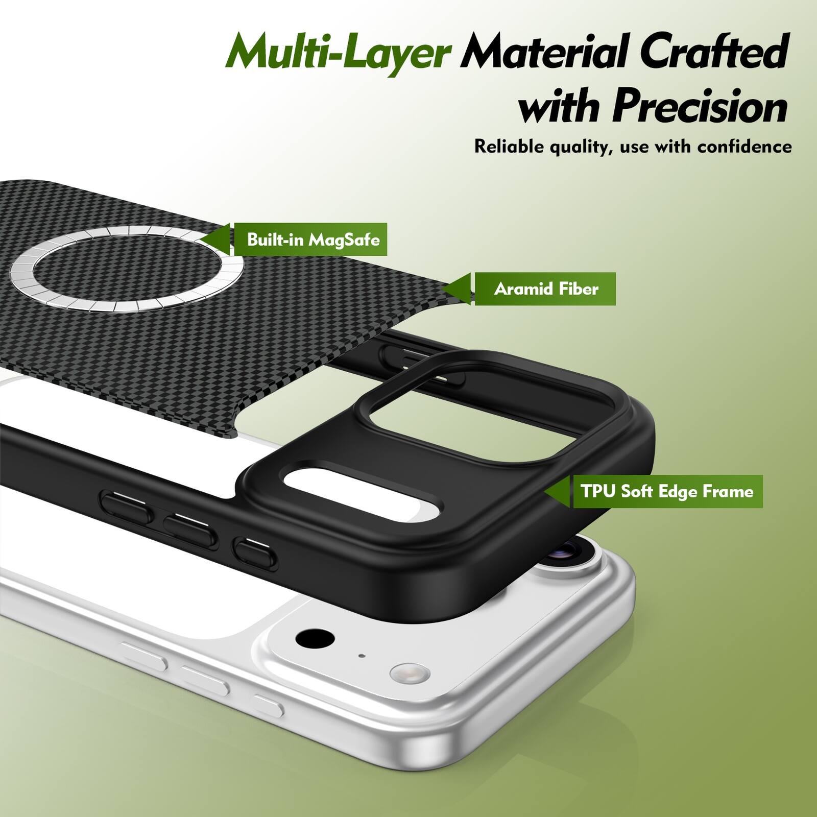 Multi-Layer Material Crafted with Precision  
Reliable quality, use with confidence  

- Built-in MagSafe  
- Aramid Fiber  
- TPU Soft Edge Frame