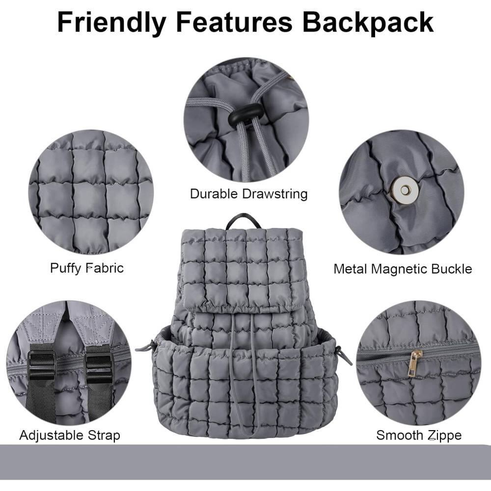 Friendly Features Backpack

- Puffy Fabric
- Durable Drawstring
- Metal Magnetic Buckle
- Adjustable Strap
- Smooth Zipper