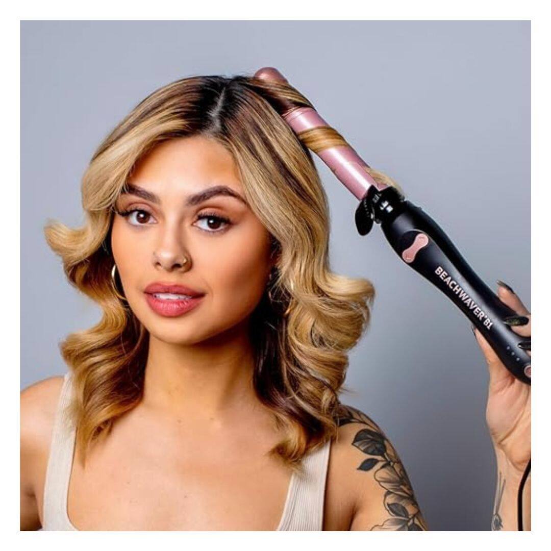 Left. Beachwaver - Beachwaver B1 Rotating Curling Iron in Midnight Rose | 1 inch barrel.