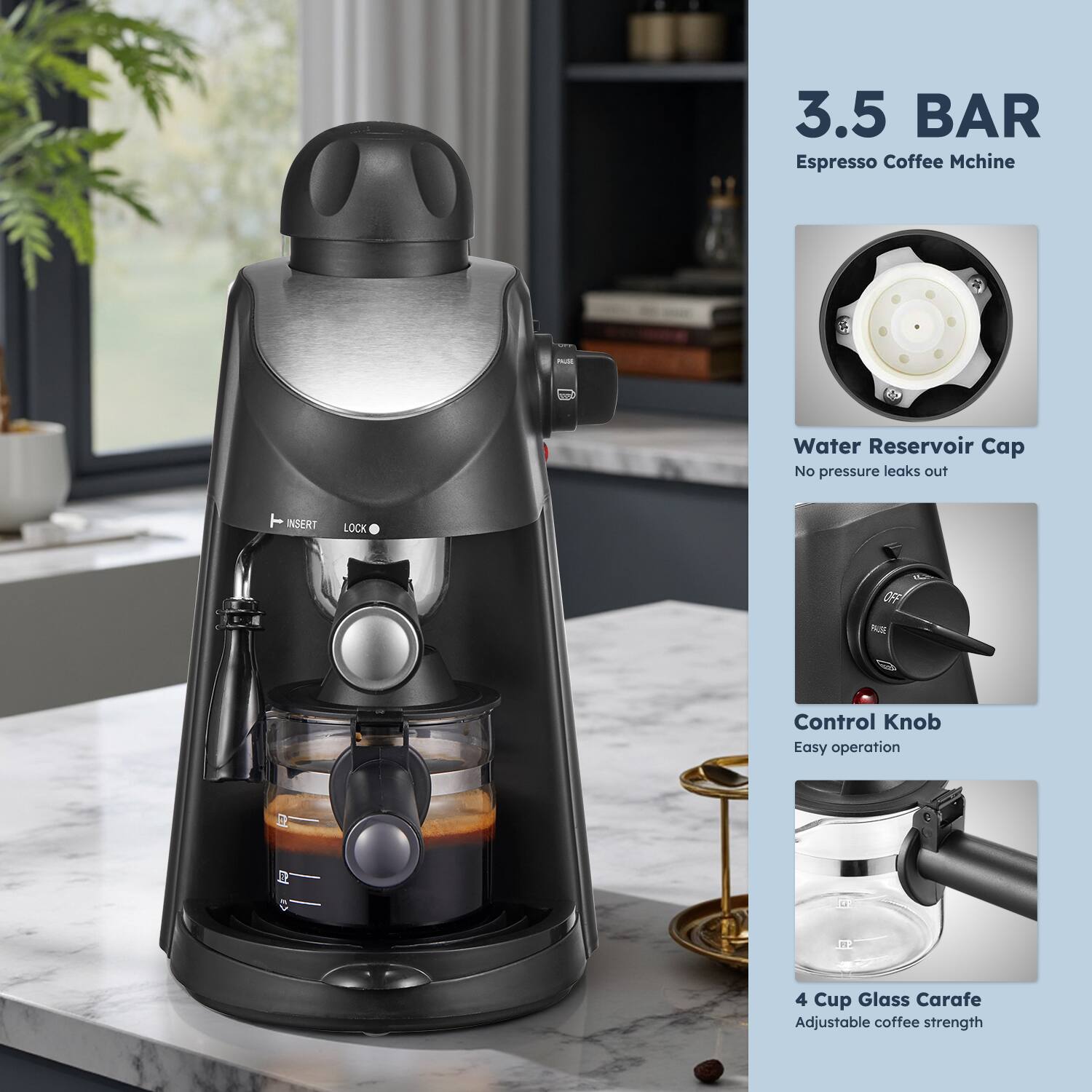 3.5 BAR Espresso Coffee Machine

- 2A Water Reservoir Cap
- No pressure leaks out
- INSERT LOCK OFF Control Knob
- Easy operation
- H2 4 Cup Glass Carafe
- Adjustable coffee strength