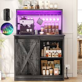 Aheaplus - Farmhouse Bar Cabinet with Power Outlets, Coffee Bar with LED Lighting, Shelves, and Sliding Barn Door - Gray Oak