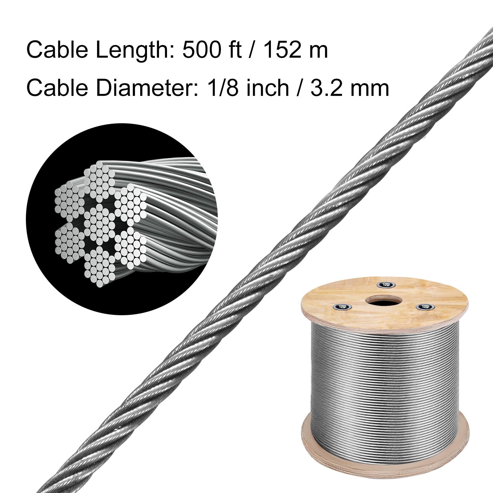 Cable Length: 500 ft / 152 m  
Cable Diameter: 1/8 inch / 3.2 mm
