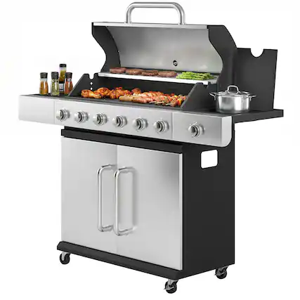 Front. Outsunny - Burner Propane Gas Grill with Side Burner, Barbecue Grill with Cast Iron Grates, Wheels - Black and Silver.