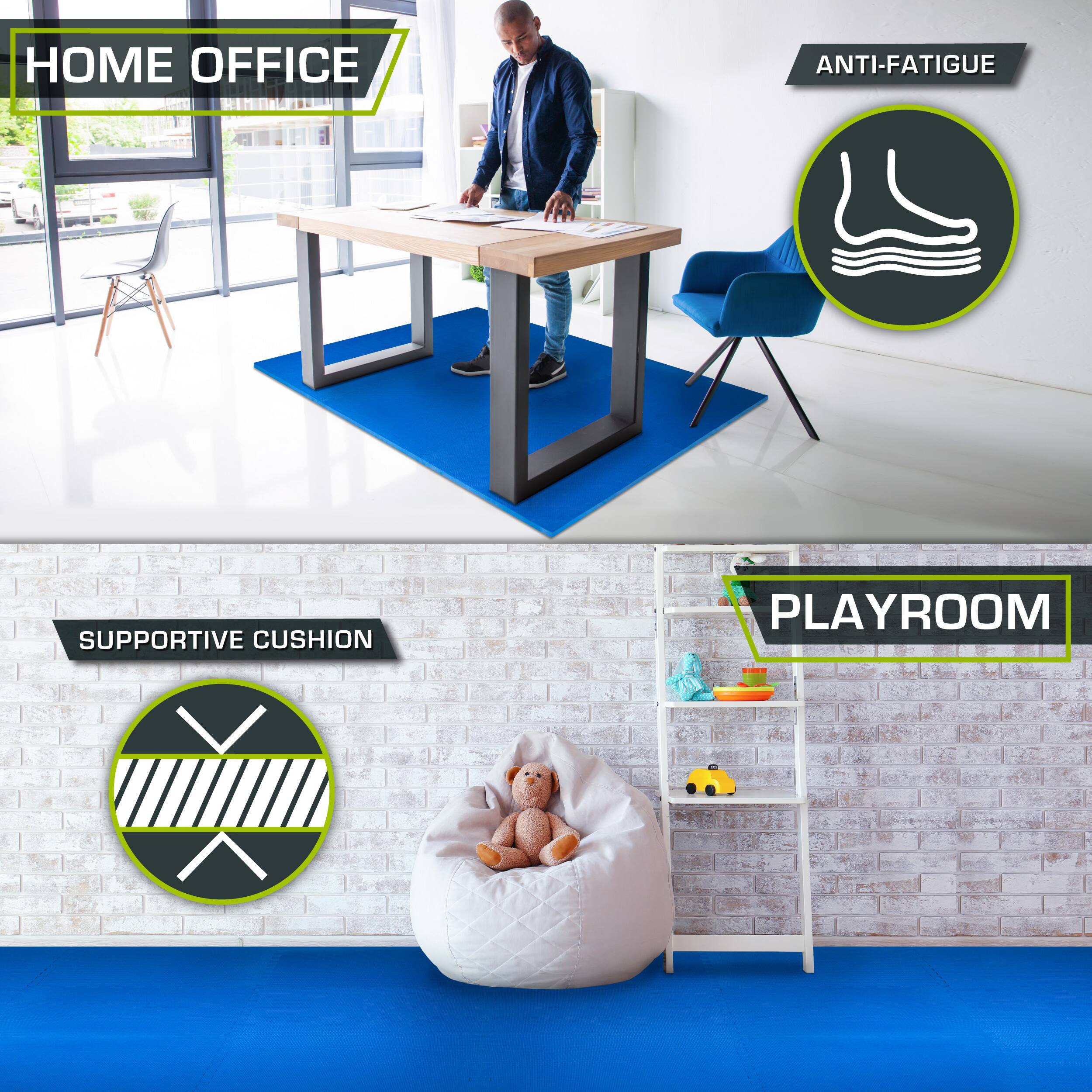 The text in the image can be grouped and corrected as follows:

1. **Home Office**
2. **Anti-Fatigue**
3. **Supportive Cushion**
4. **Playroom**