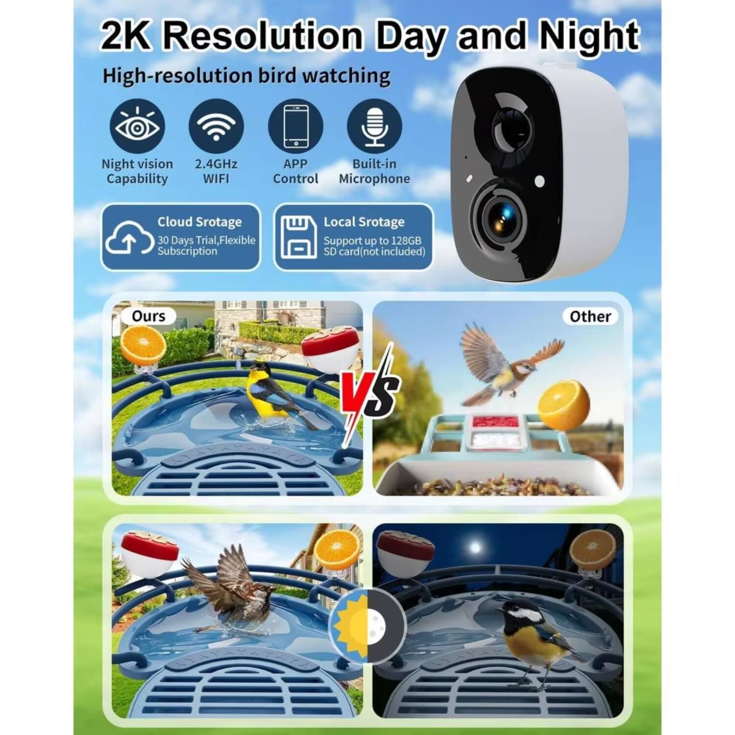2K Resolution Day and Night  
High-resolution bird watching  

- Night vision Capability  
- 2.4GHz WIFI  
- APP Control  
- Built-in Microphone  

Cloud Storage  
- 30 Days Trial, Flexible Subscription  

Local Storage  
- Support up to 128GB SD card (not included)  

Ours vs Other
