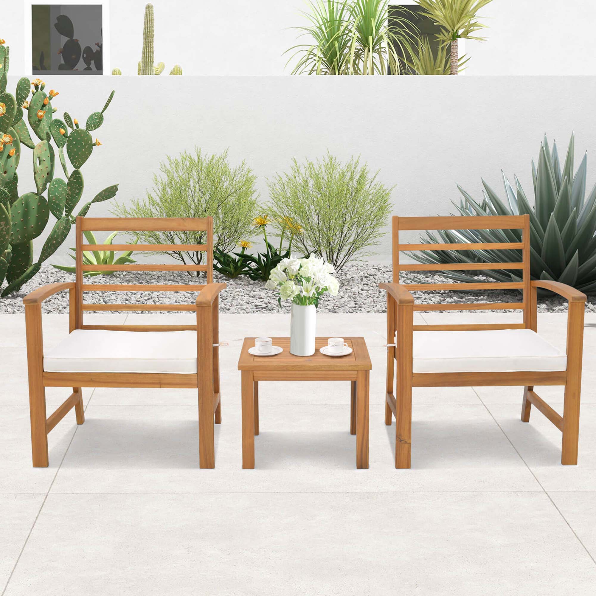 Alt View 4. Costway - Costway 3 PCS Outdoor Furniture Set Acacia Wood Conversation Set with Soft Seat Cushions - White.