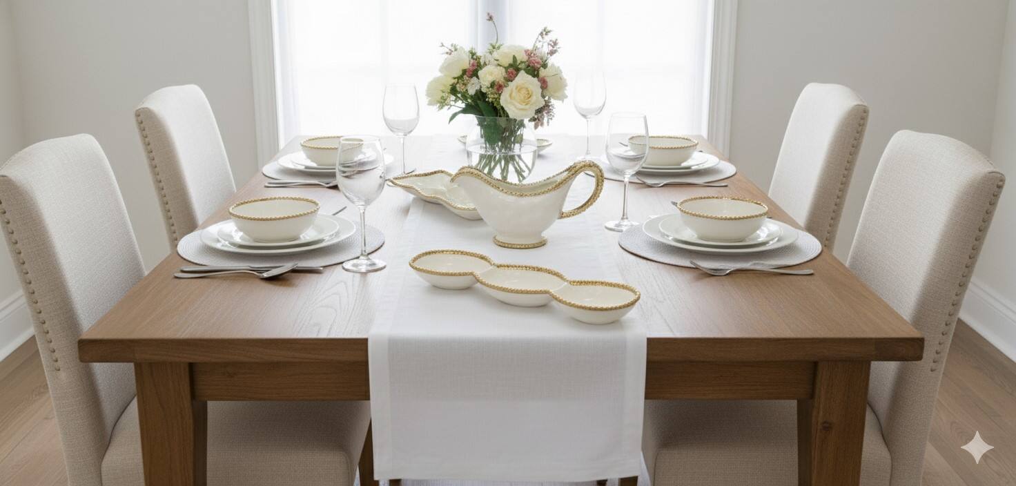 Left. Jiallo - 18" Contemporary Gold Bead 3‑Section Platter – Modern Divided Serving Tray with Beaded Rim - White.