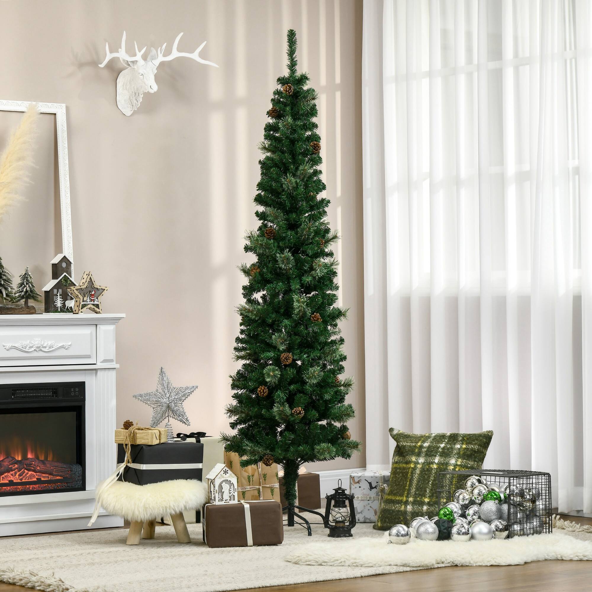 Alt View 8. Homcom - Pencil Artificial Christmas Tree, Slim Pine Needles, Realistic Branches, Pine Cones, Metal Base - green.