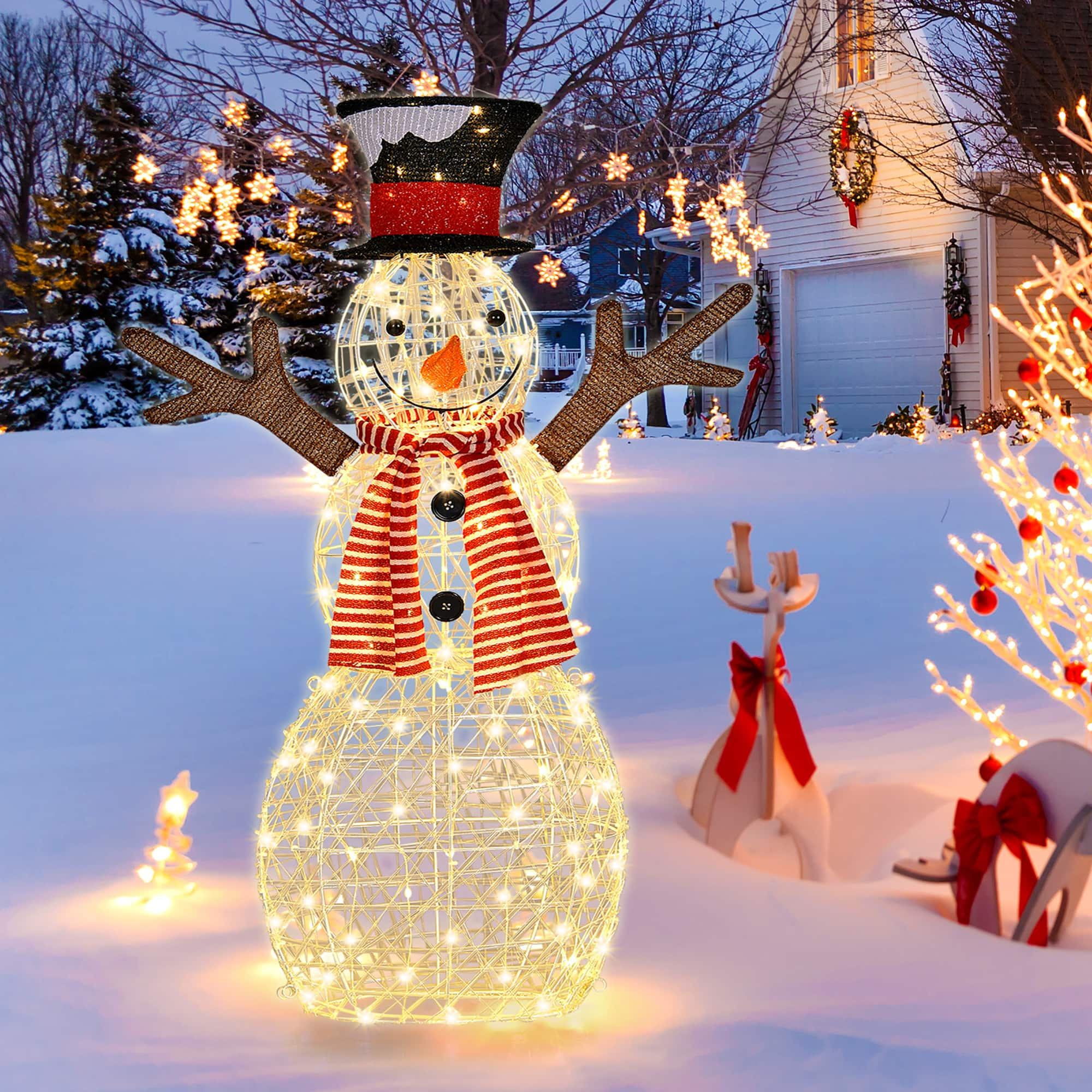 Costway Pre-Lit Standing Snowman Artificial Christmas Decoration with 80 LED Lights - Gold