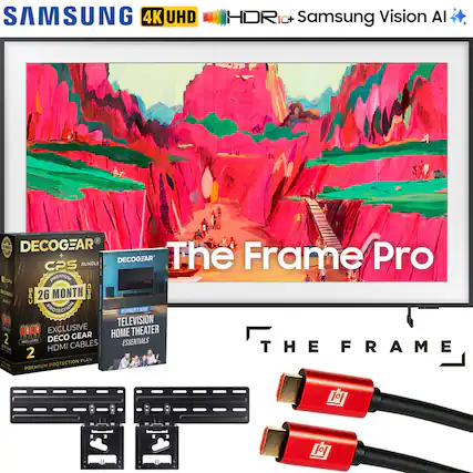 Sure, here is the corrected and grouped text from the image:
---
**SAMSUNG 4K UHD HDR**
**Samsung Vision AI**
**The Frame Pro**
**DECOCGEAR CPS BUNDLE**
**26 MONTH CPS PROTECTION**
**EXCLUSIVE HOME THEATER ESSENTIALS**
**HDMI CABLES**
**DECOCGEAR**
**BUNDLE**
**26 MONTH**
**PREMIUM PROTECTION PLAN**
**INCLUDES**
**2 HDMI CABLES**
**TELEVISION HOME THEATER ESSENTIALS**
**The Frame Pro**
**THE FRAME**
---