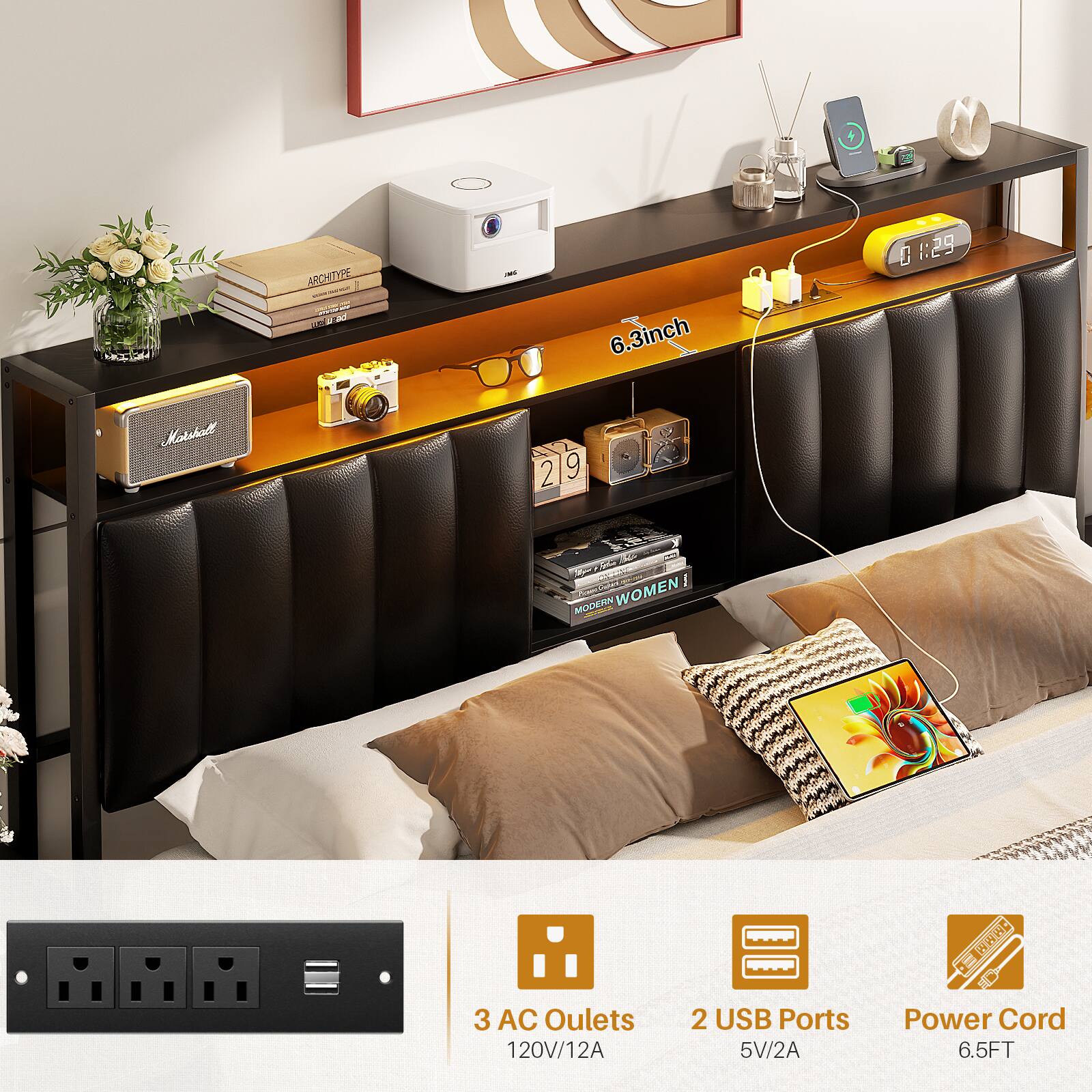 2 MCHTIPY: - = C A i 6.3inch 1:29 Moksbact 219 2 9 TPA0 dd AO N I e WOMEN MODERN 3 AC Outlets 120V/12A 2 USB Ports 5V/2A Power Cord 6.5FT