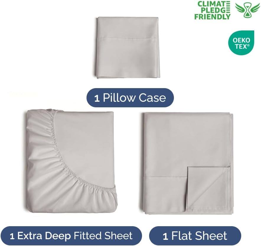CLIMATE PLEDGE FRIENDLY  
OEKO TEX  

1 Pillow Case  
1 Extra Deep Fitted Sheet  
1 Flat Sheet