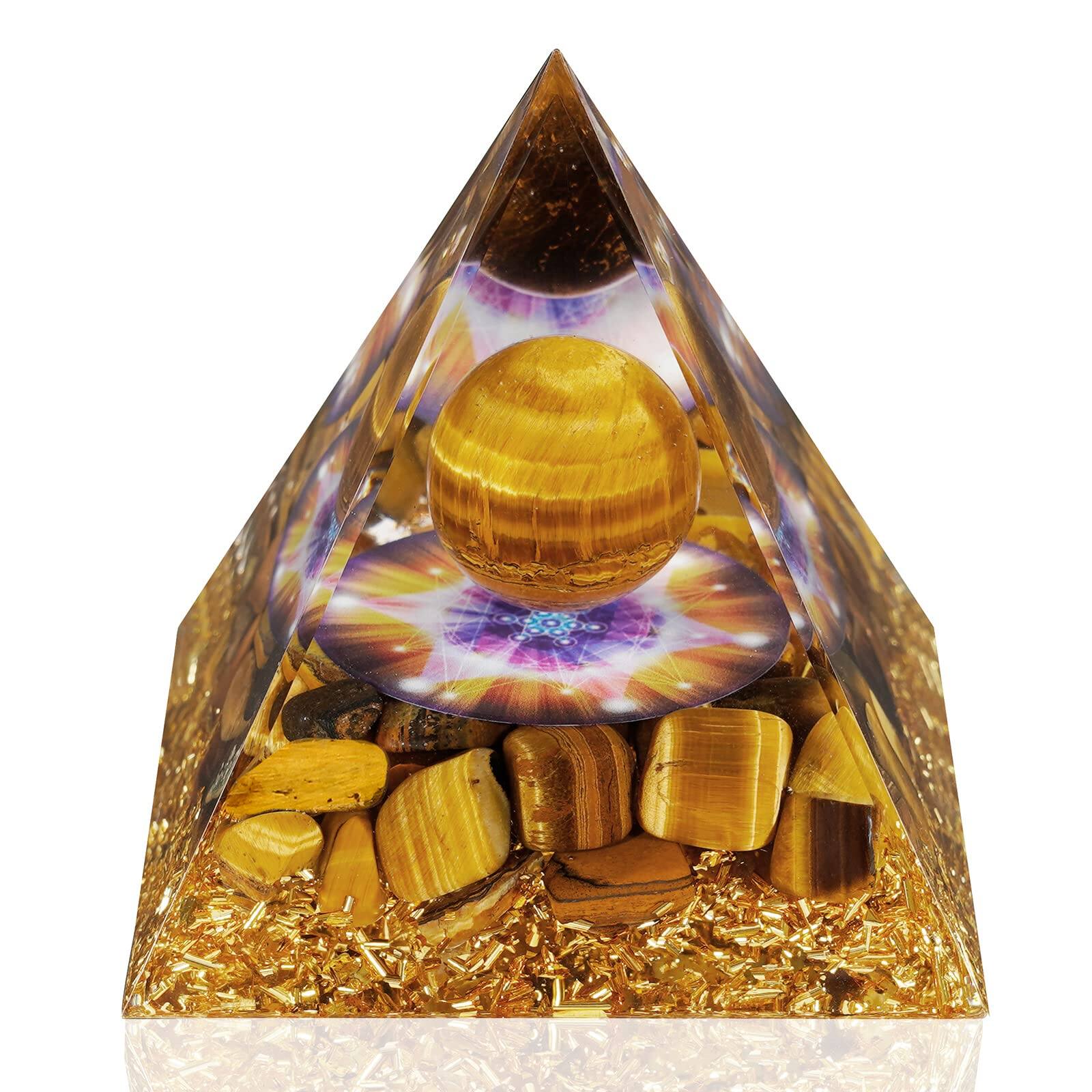 Front. Alchemy Casas - Amethyst Obsidian Orgone Pyramid – Handcrafted Energy Generator for Reiki, Meditation & Luck - Tiger's Eye Stones.