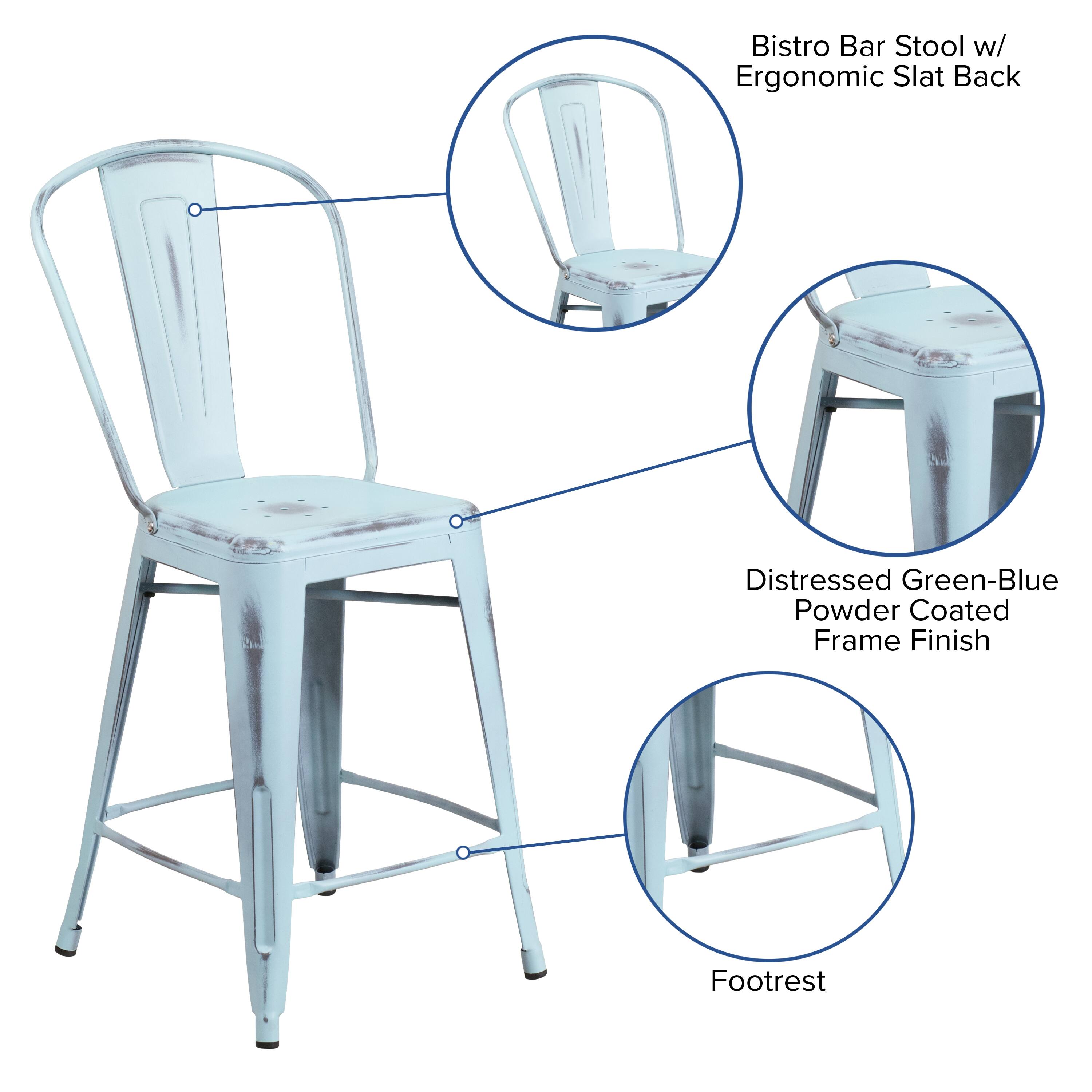 Bistro Bar Stool w/ Ergonomic Slat Back  
Distressed Green-Blue Powder Coated Frame Finish  
Footrest