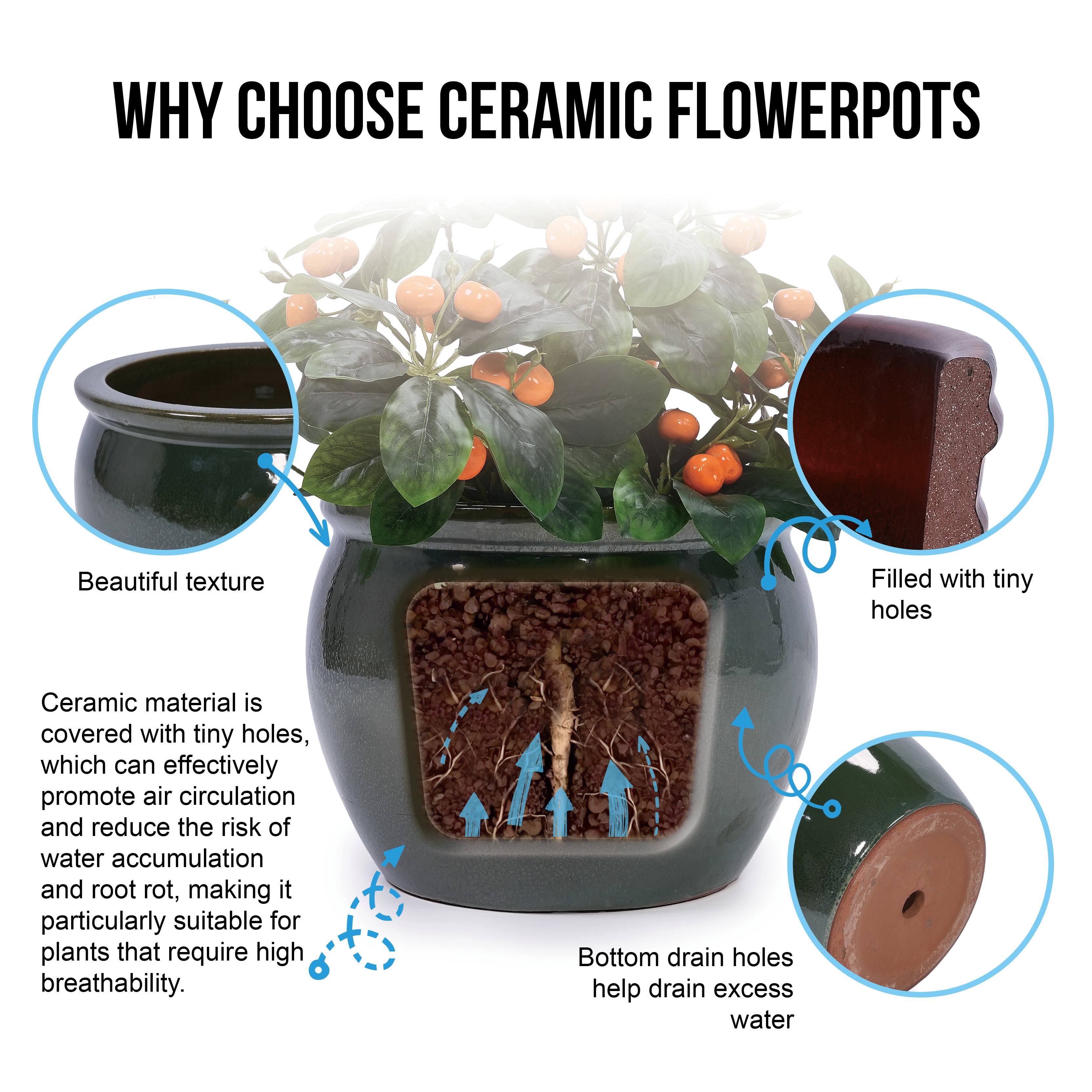 WHY CHOOSE CERAMIC FLOWER POTS

Beautiful texture

Ceramic material is covered with tiny holes, which can effectively promote air circulation and reduce the risk of water accumulation and root rot, making it particularly suitable for plants that require high breathability.

Bottom drain holes help drain excess water