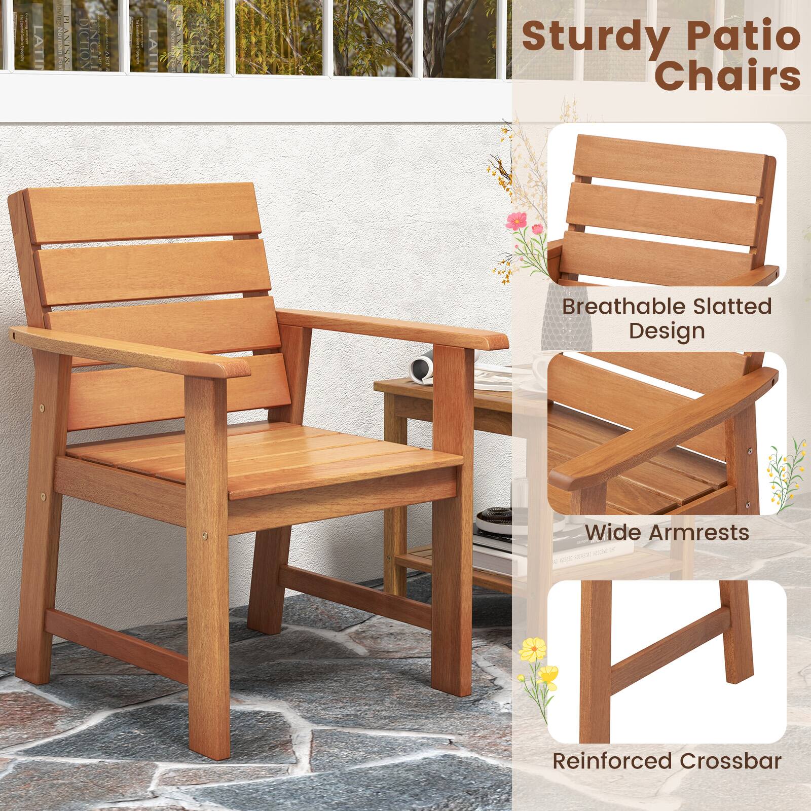 Sturdy Patio Chairs

- Breathable Slatted Design
- Wide Armrests
- Reinforced Crossbar